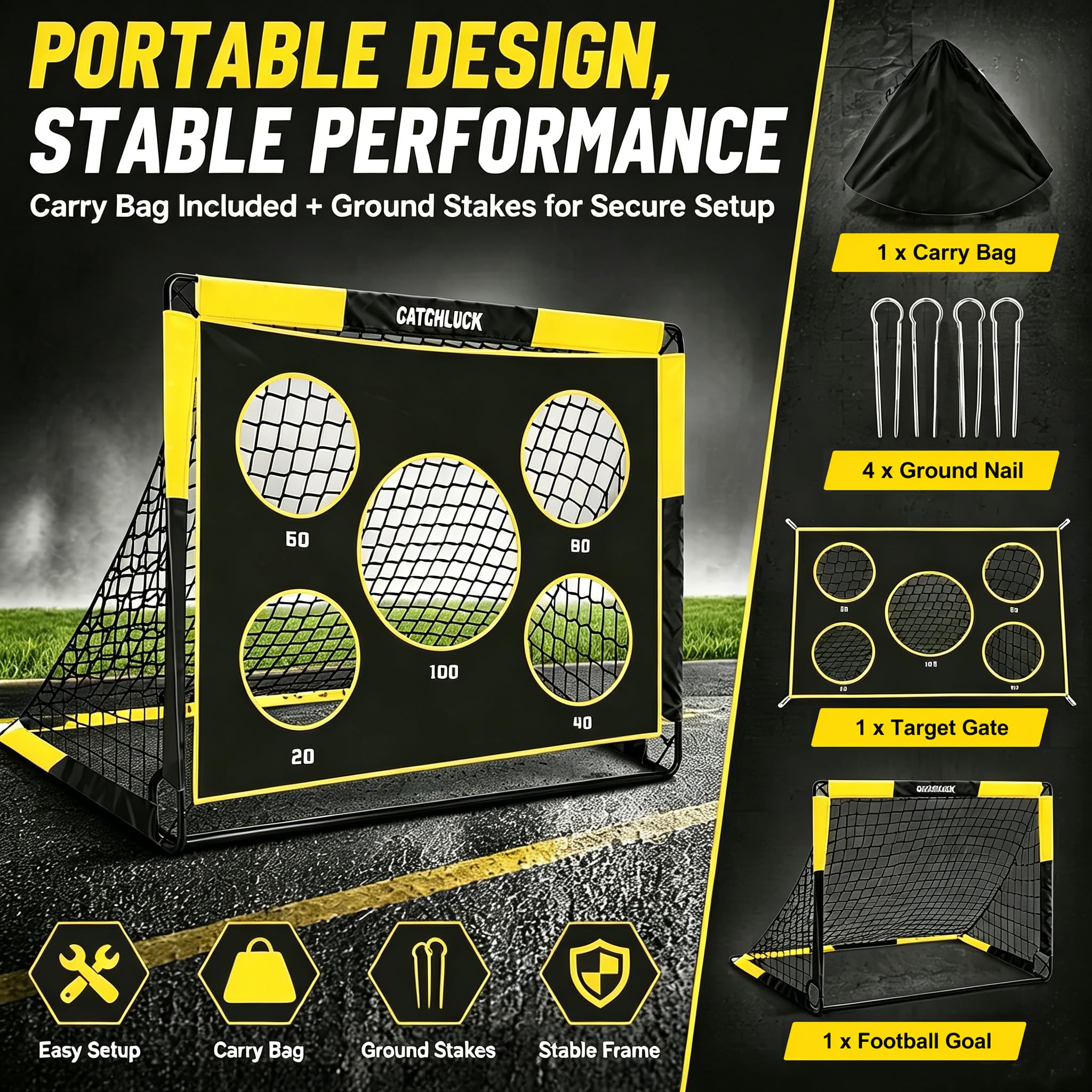 Porta da calcio per giardino e bambini, porta da calcio 2 in 1, porta da calcio pop up, con 5 fori e borsa per il trasporto, chiodi da terra