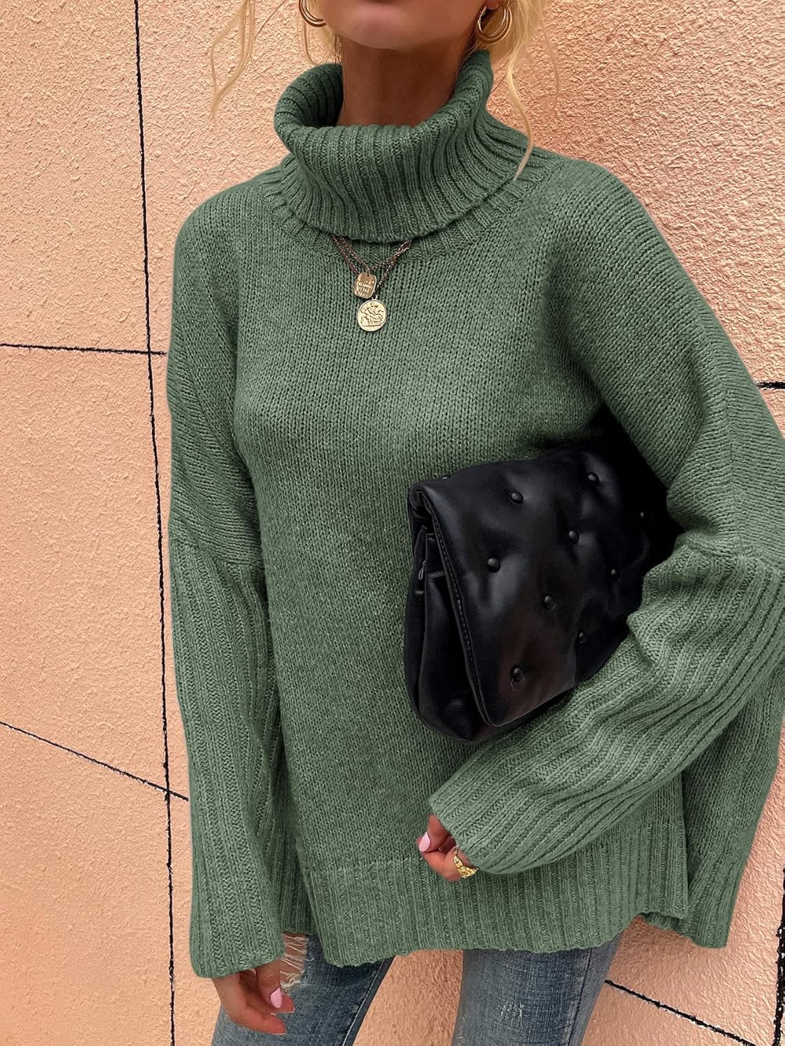 Women's Sweater High Neck Batwing Sleeve Sweater Sweater for Women (Color : Mint Green, Size : Medium)