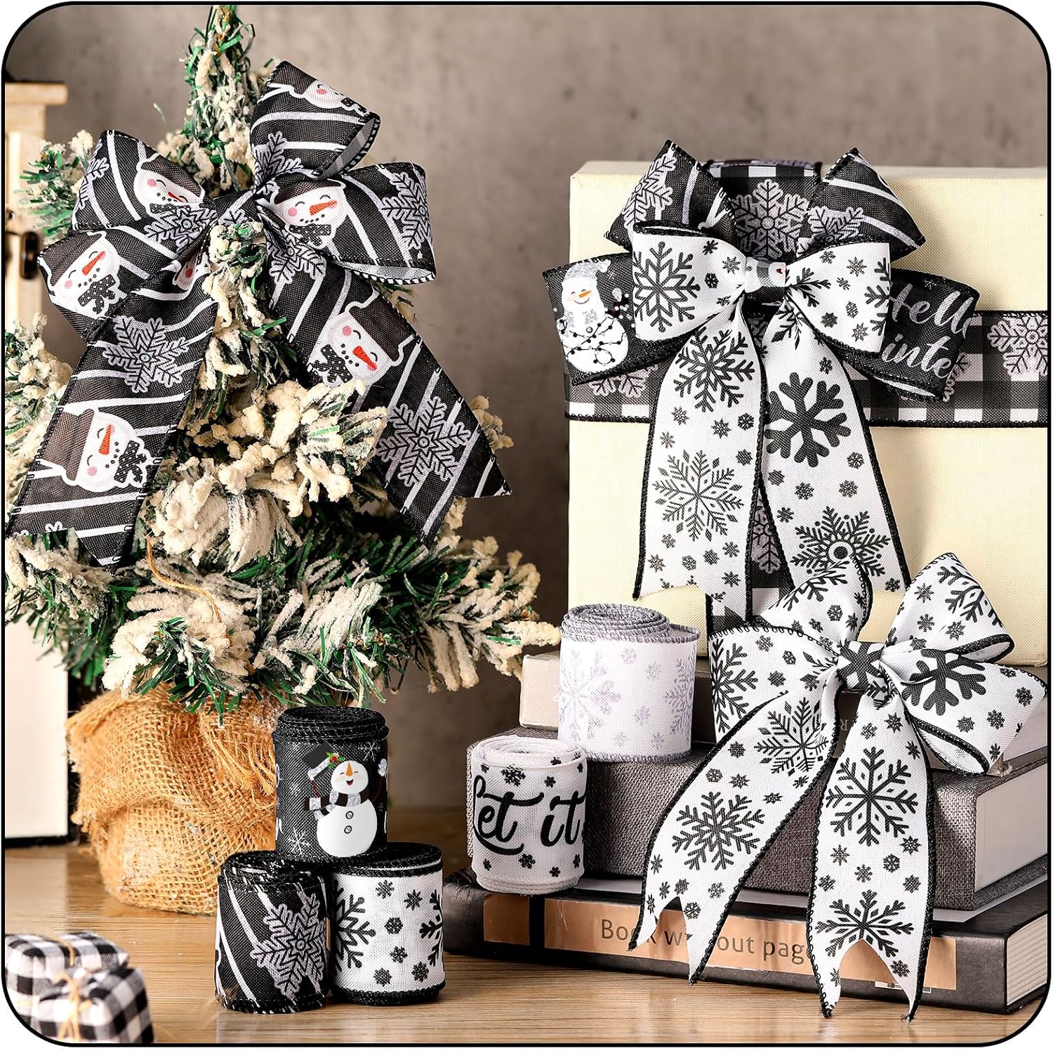 10 Pcs Winter Ribbons 4 Roll Mesh Ribbon 6 Roll Wired Ribbon Black image 3