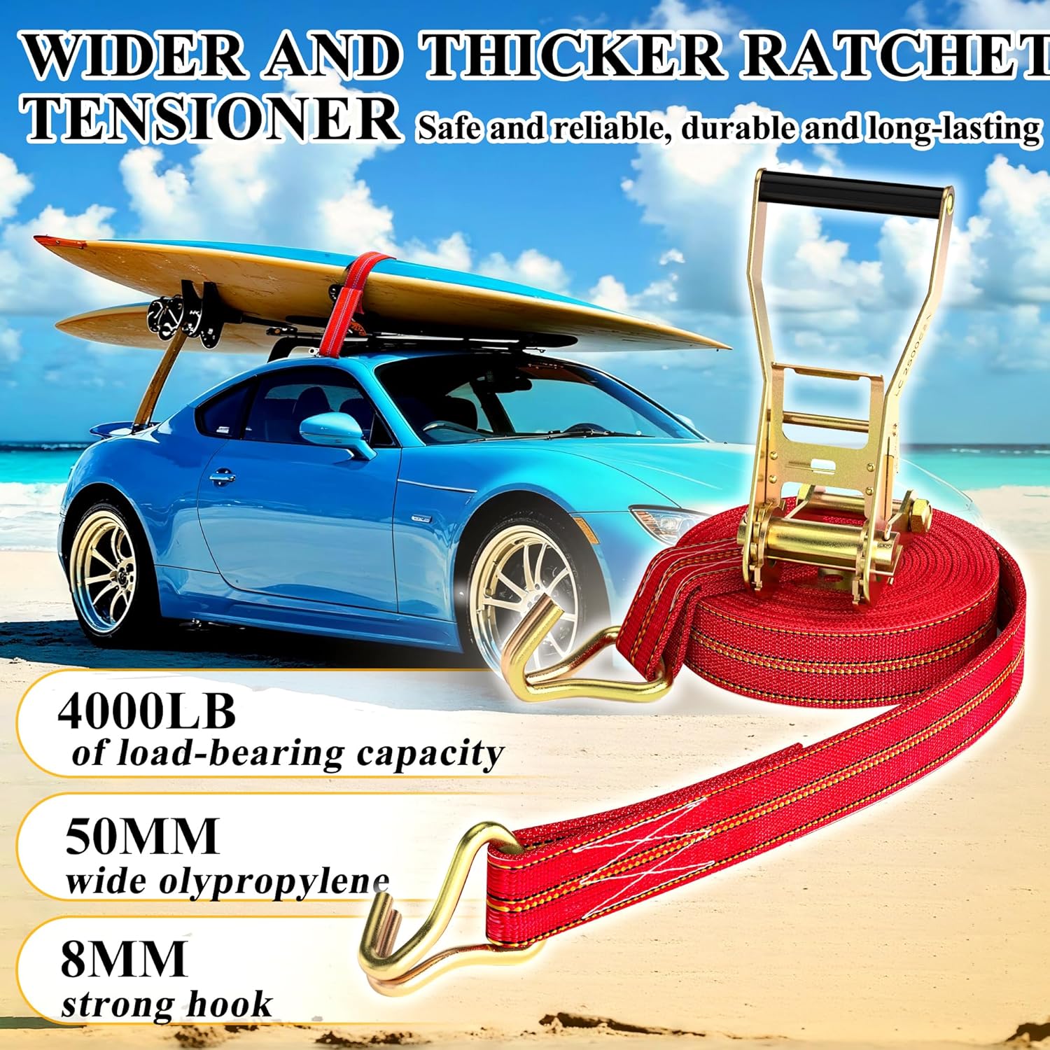 2Pack Ratchet Straps Heavy Duty, 2” 32Ft Tie Down Straps Ratchet, Tie Down Ratcheting with Double J Hook, 4000 LB Break Strength Cargo Strap Ratcheting for Moving, Trailers, Motorcycles and Car Roof - Image 5