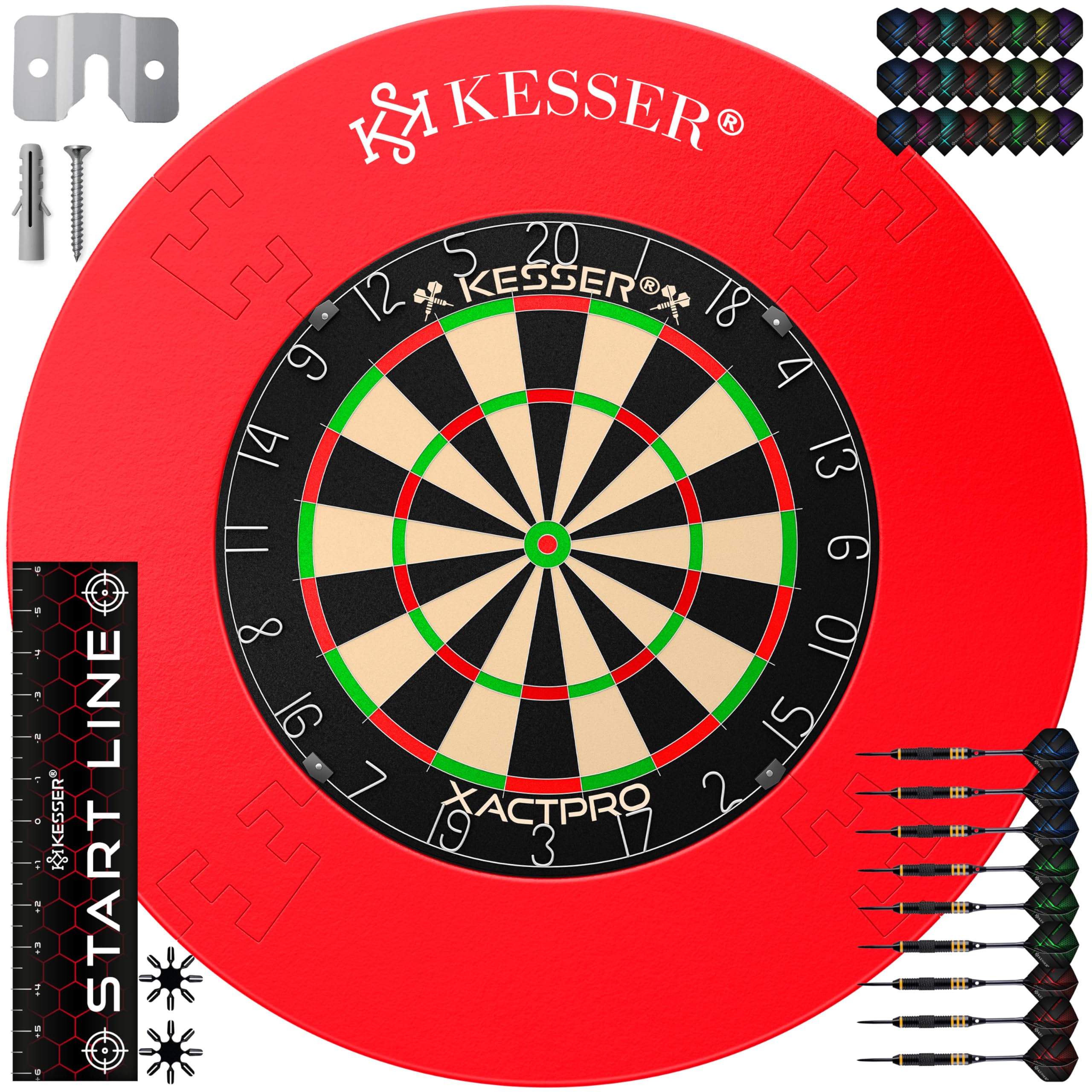 KESSER® Profi Dartscheibe Sisal – Steeldart Dartboard Set 9 Pfeilen mit Metallspitze, 24 Pro Flights & Zubehör, selbstheilend, Wandmontage, Steeldartscheibe Dartboard mit Schutzring, inkl. Montageset