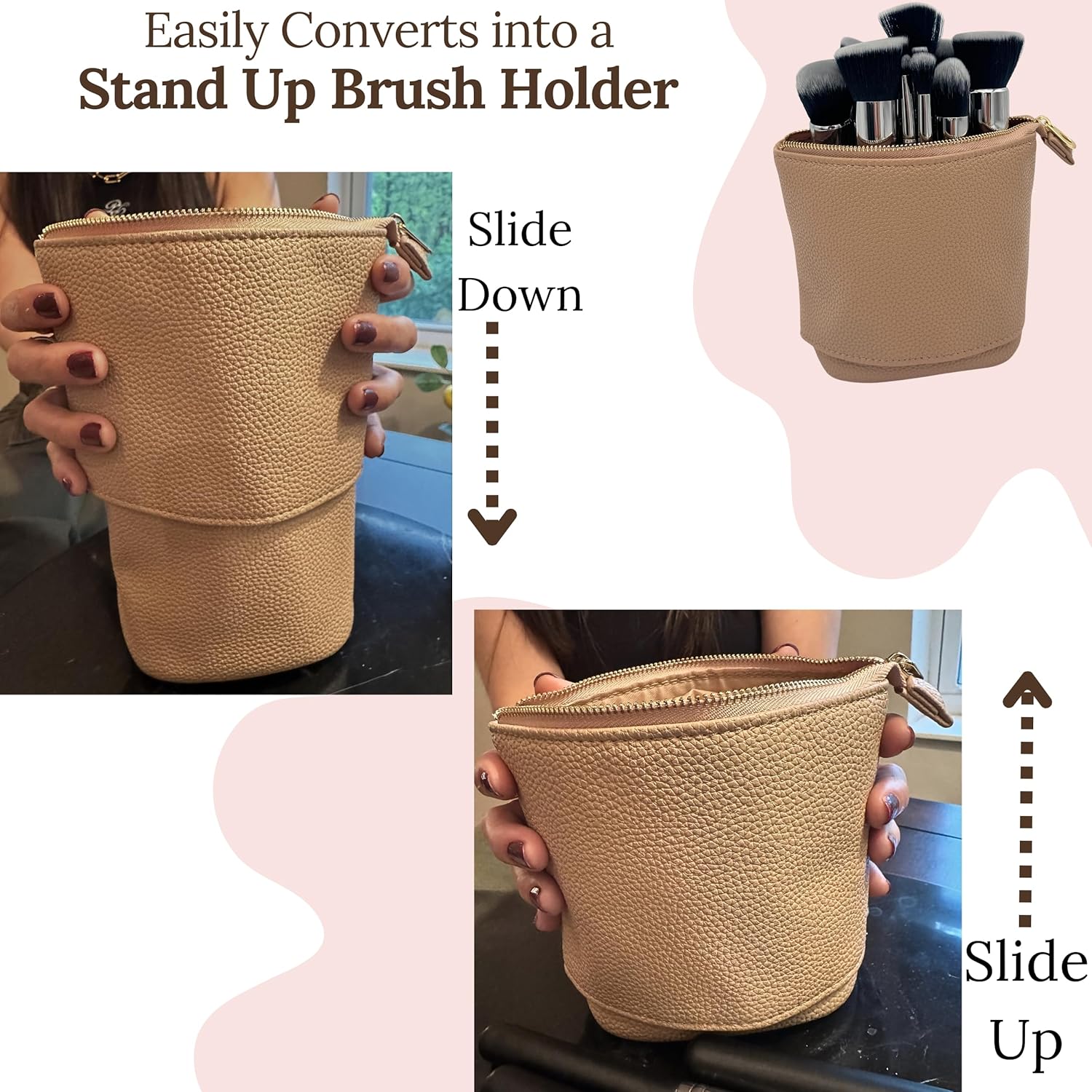 JAZD Convertible Travel Makeup Brush Bag, Stand-Up Brush Holder Pouch For Easy Access, Cosmetic Case Organizer (BEIGE) - Image 2