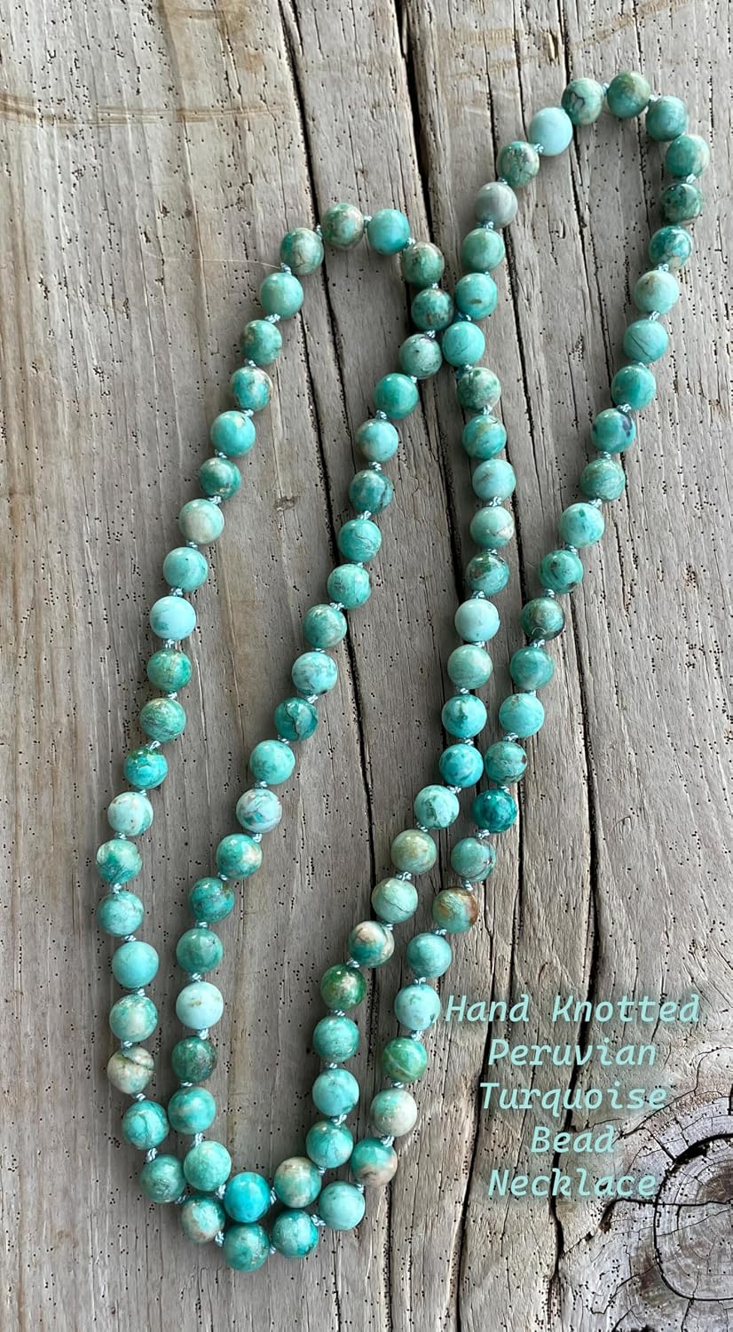 Hand Knotted Peruvian Turquoise Bead Necklace for Women, Natural 6mm Turquoise Gemstone Endless Strand 28 Inches