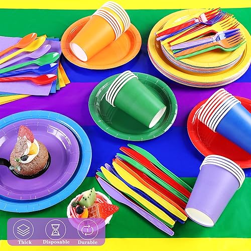 Miniatura 4 de ADXCO Las decoraciones de fiesta de arcoíris incluyen platos de papel arcoíris, vasos, servilletas, cubiertos y mantel impermeable para 24 invitados