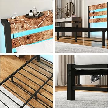 HOMERECOMMEND 5ft King Size Bed Frame with USB Charging Station,Brown | Queen Size LED Bed Frame with Wood Storage Headboard,King Metal Platform Bed Frame,Strong Slats Support,Easy Assembly