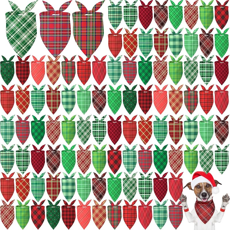 Bandana Natalina para Cães em Poliéster Xadrez Vermelho e Verde Abbylike, Pacote com 100