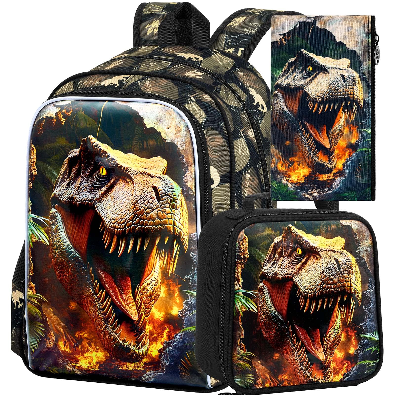 3Pcs Dinosaur Backpack for Boys, 16" Kids School Bookbag with Lunch Box, Dino Backpacks Set for Elementary Preschool Kindergarten(Brown)