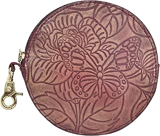 Anuschka Women's Hand Painted Genuine Vegetable Tanned Leather Round Coin Purse - Zip Closure, Attached Dog Hook, ID Windo...