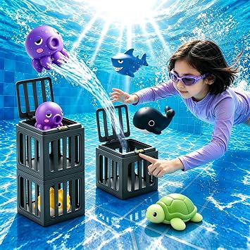 Pool Diving Toys for Kids, Water Swimming Dive Pool Game, Underwater Dive Rescue Toys Set with Storage Fish Box & Floating Animals 3pc/Set,Summer DiveRescue Toys for Swim Training