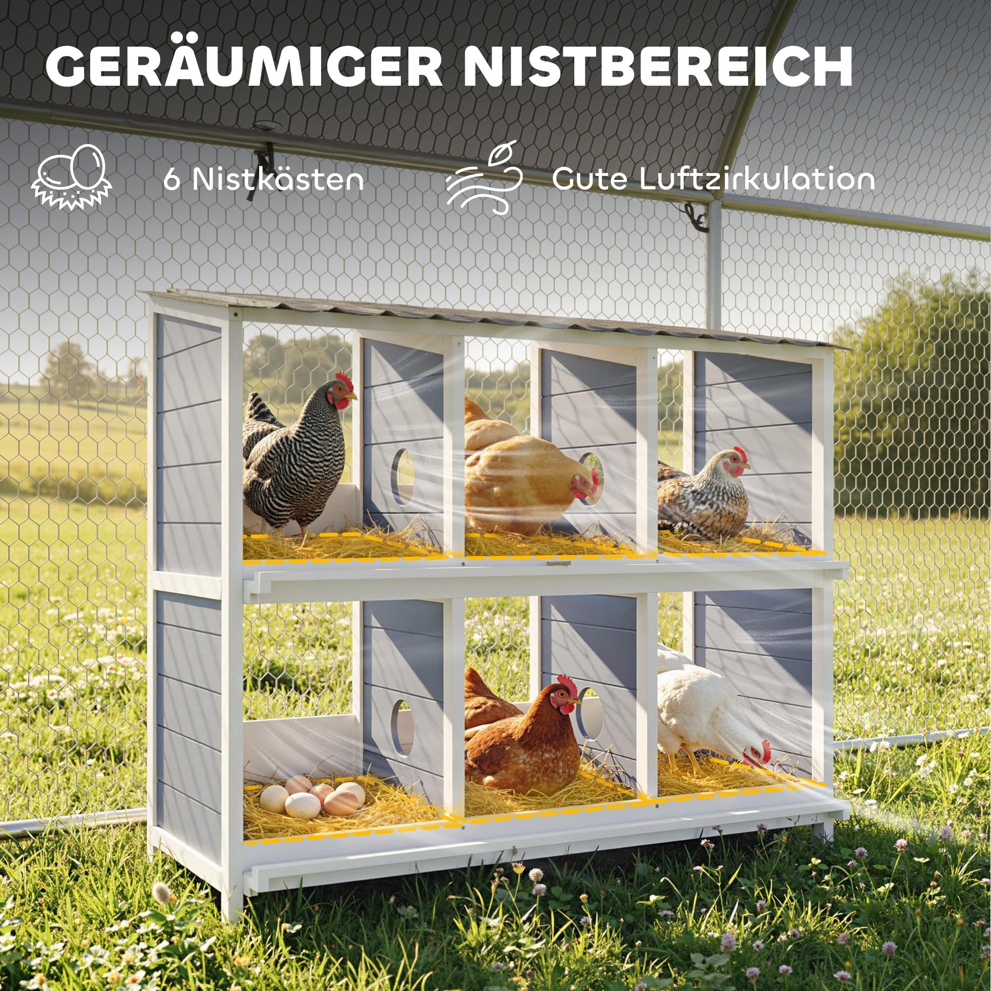PawHut Nido para pollos, 6 compartimentos, 2 perchas 102 x 50 x 91 cm, color gris | Nido de pollo de madera resistente a la intemperie, techo de PET elevado para animales pequeños