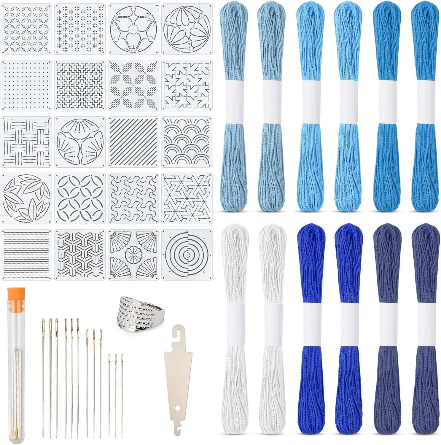 46 Pcs Sashiko Thread Kit - Skeins Blue Sashiko Thread，Sashiko Needles，Sashiko Patterns,Embroidery Projects for Sewing Hand Quilting Mending Supplies