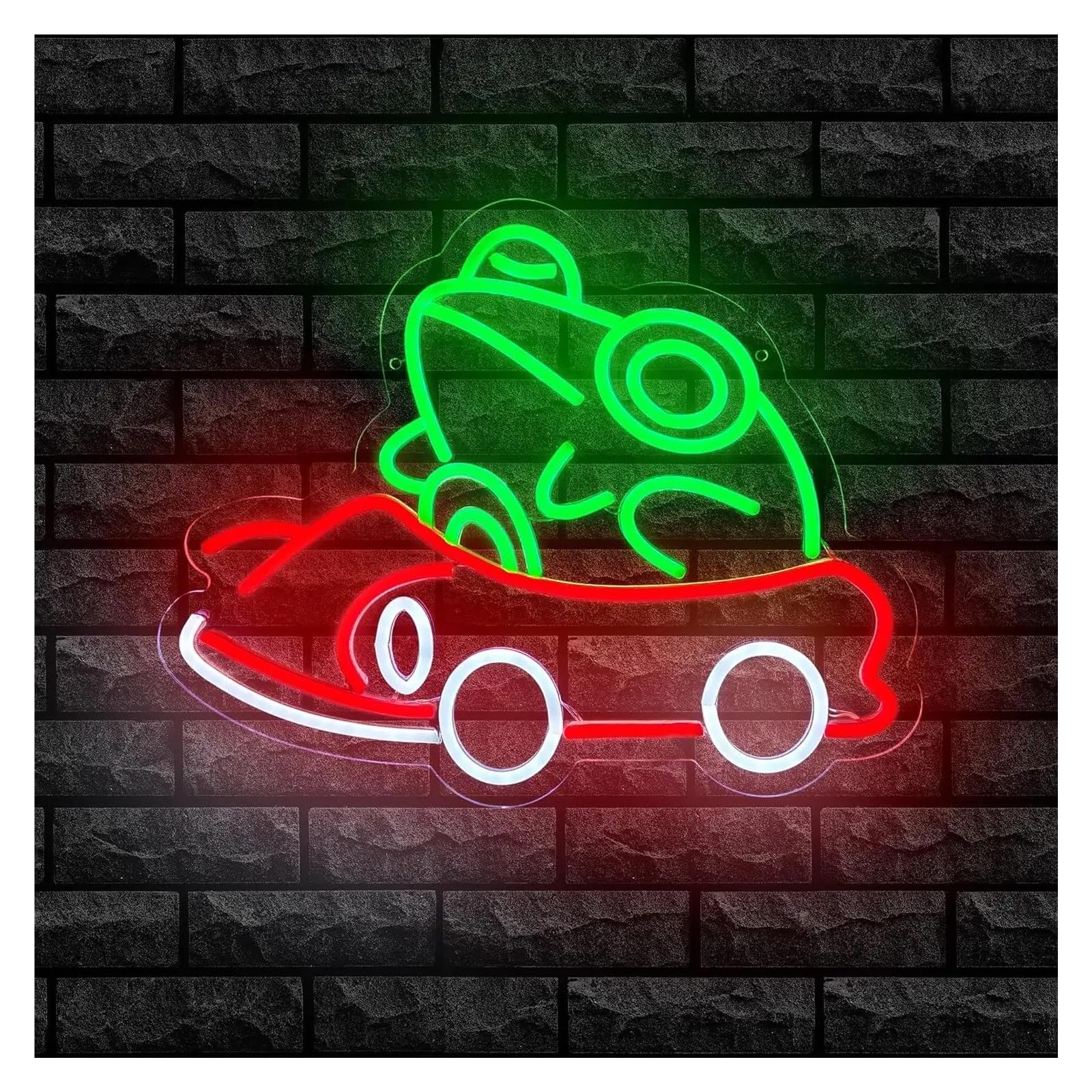 Insegna al Neon Insegna Al Neon A Forma Di Rana Che Guida Un'auto, Con Luce Dimmerabile Per Cameretta Dei Bambini, Sala Giochi, Feste, Decorazione Da Parete 30cmx38.4cm
