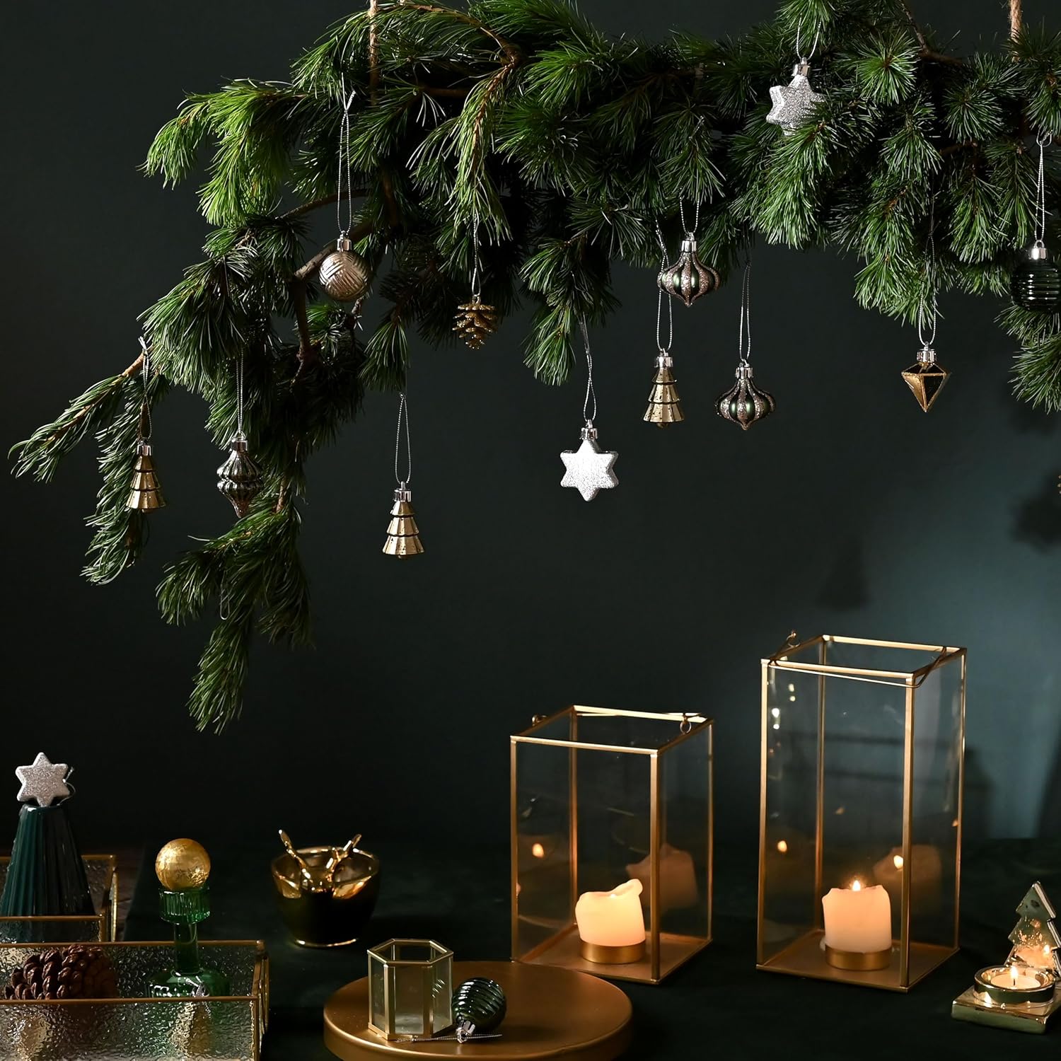 DecorbyHannah Mini Christmas Ornaments, 45ct Small Green Gold Silver Ornaments for Christmas Tree Decorations, Assorted Tiny Shatterproof Plastic Decorative Hanging Ball Bulk Set for Xmas Home Decor