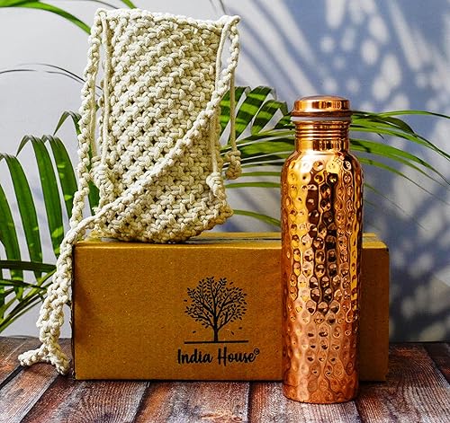 Miniatura 8 de Botella de agua de cobre puro para beber, botella de agua de cobre martillado de 32 onzas con bolsa de transporte, recipiente ayurvédico grande