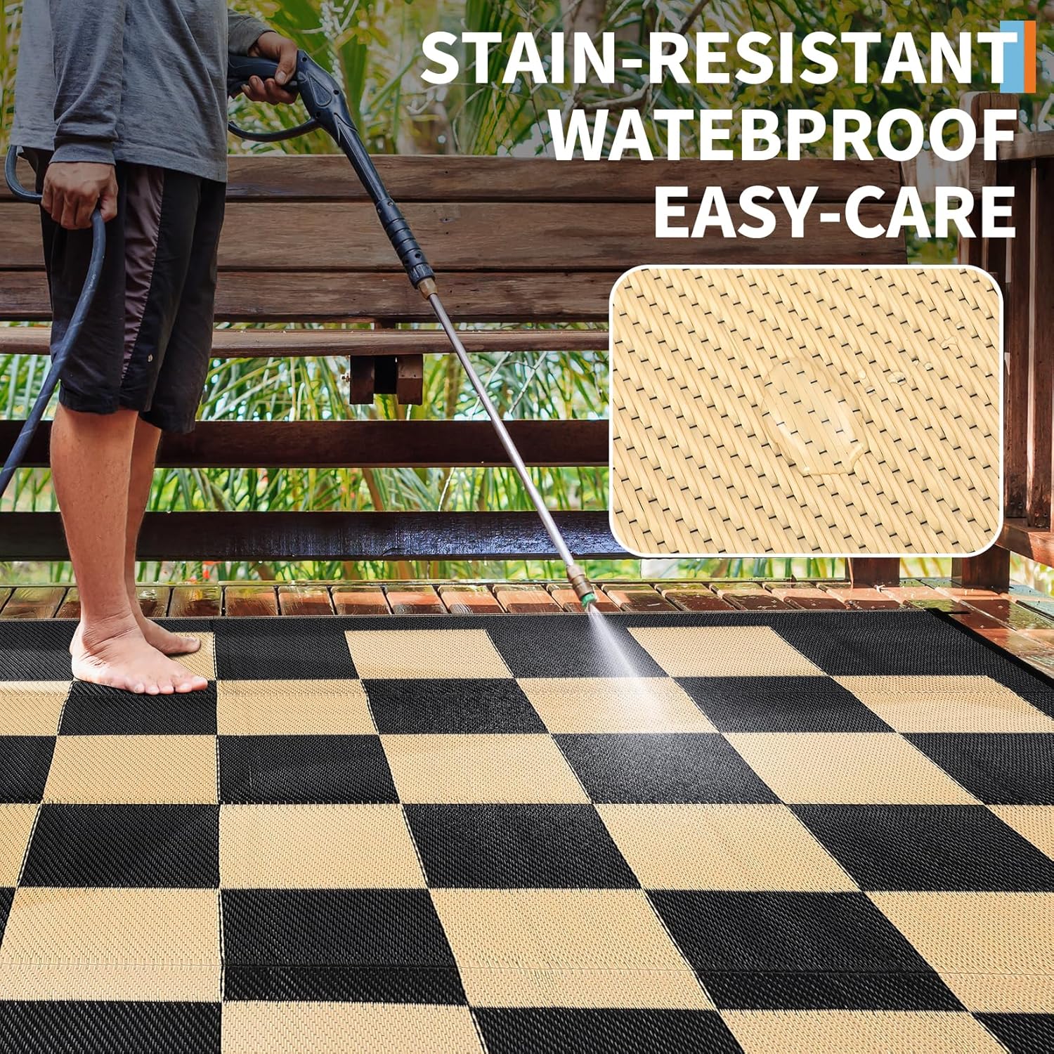 Modern Outdoor Rug Geometric Plaid Camping Mat for Patio UV-Resistant Reversible - Picture 41 of 59