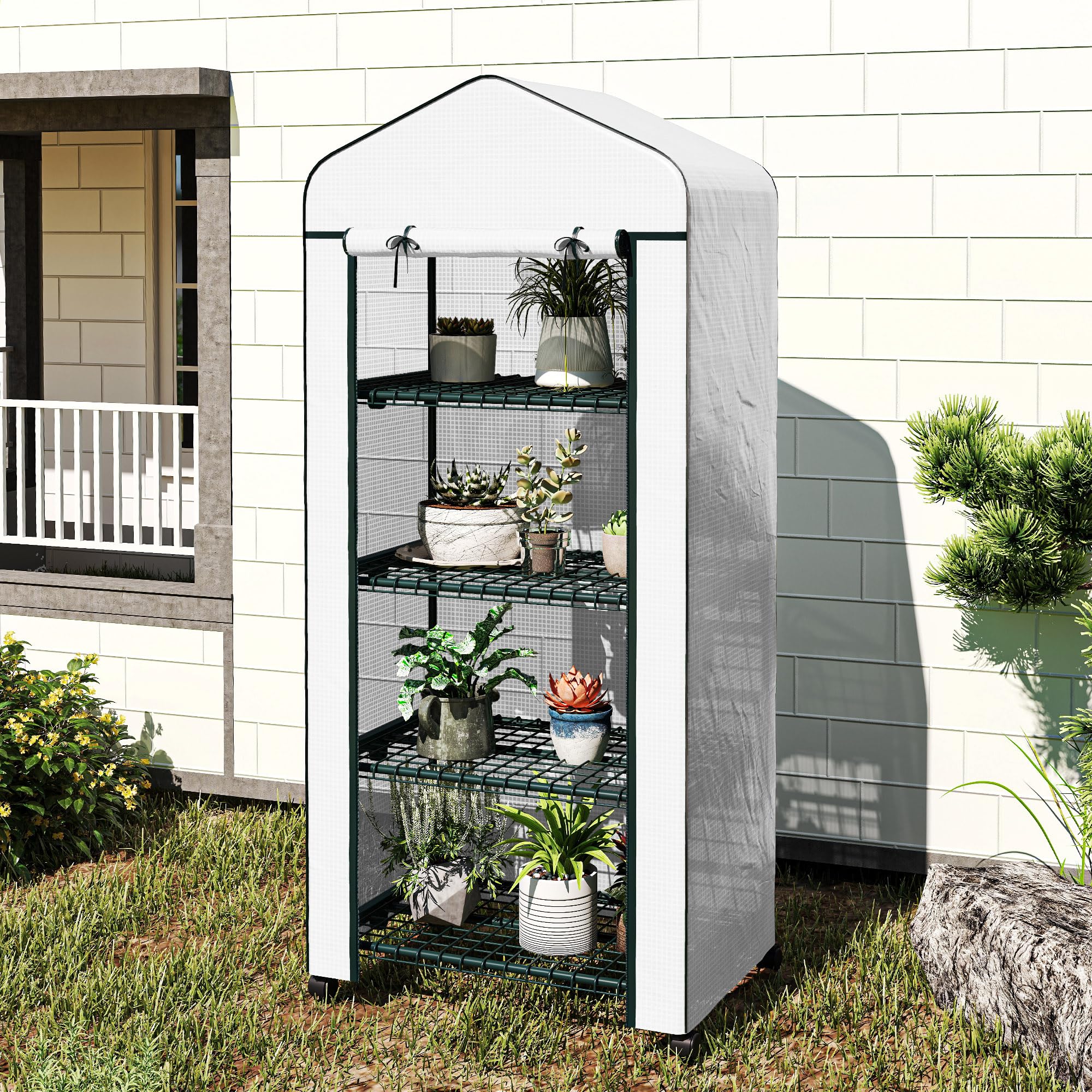 Serra Outsunny con rotolo, ripiani, serra in film d'acciaio resistente all'inverno, serra per balcone, giardino, casa per pomodori 69 x 50 x 165 cm, serra per pomodori, fiori, piante, bianco
