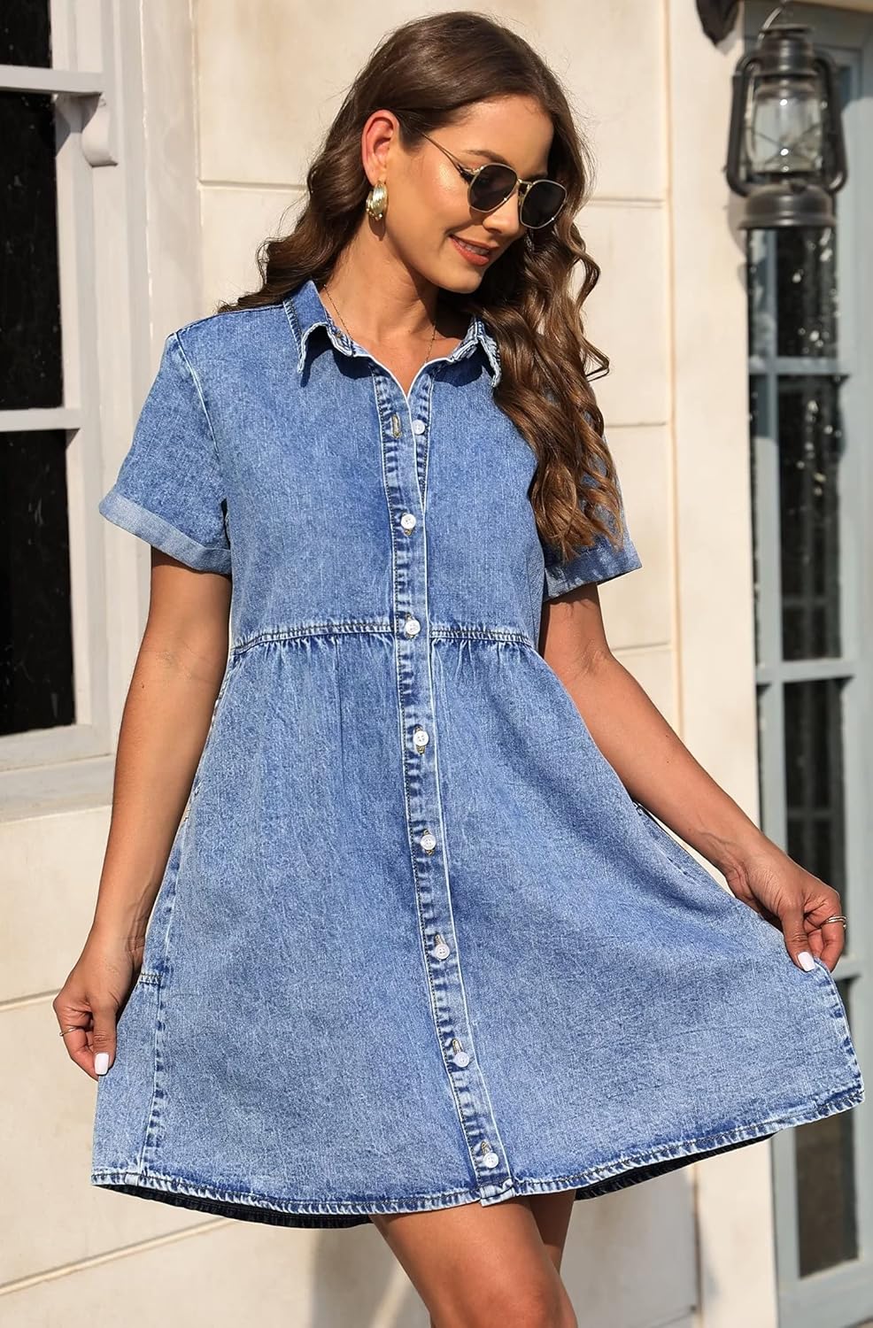 KDF Denim Dress for Women with Pockets Short Sleeve Babydoll Denim Shirt Dresses for Women 2025 - Image 2