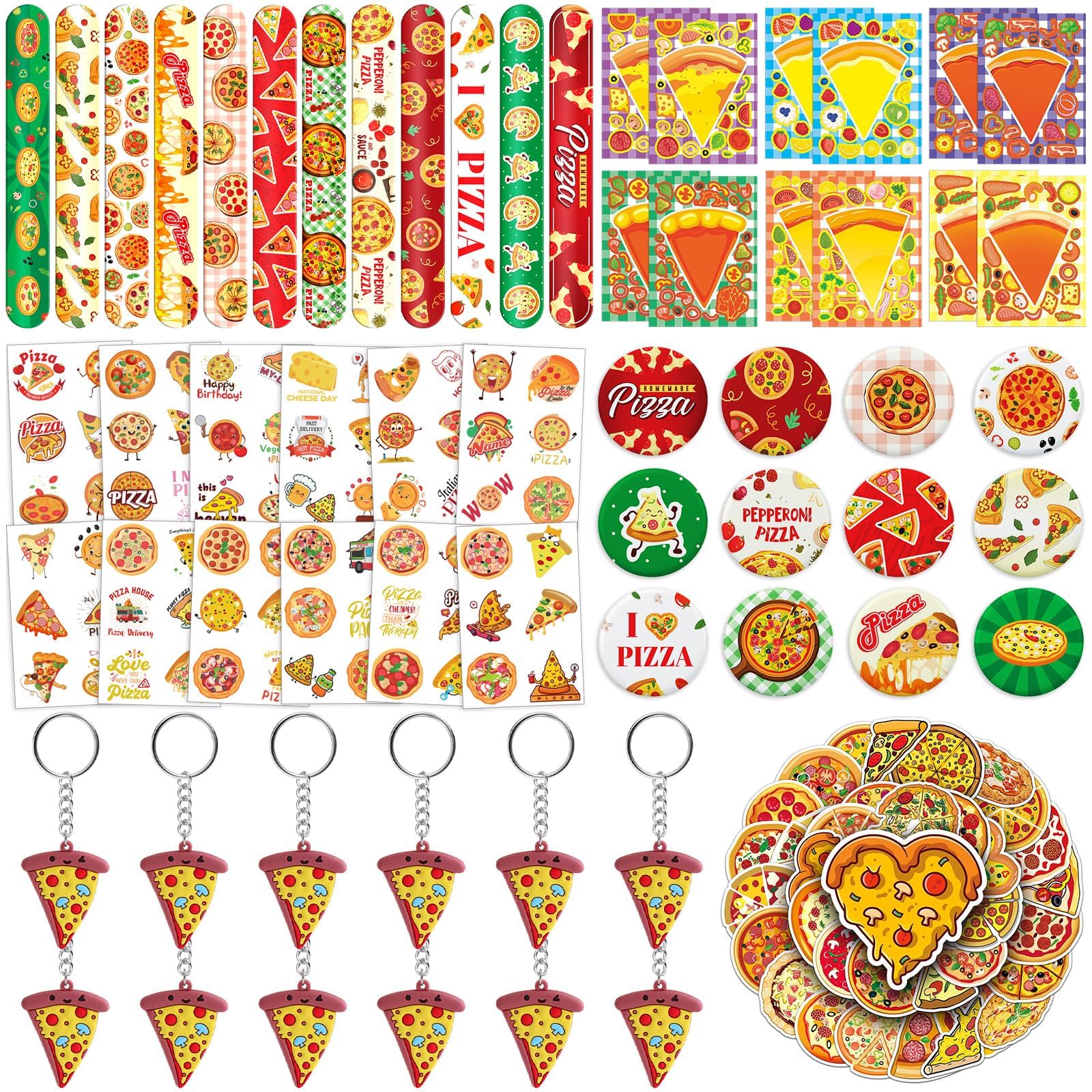 BOIKOKY 110Pcs Pizza Party Favors for Kids - Pizza Birthday Party Decorations and Supplies with Pizza DIY Stickers, Slap Bracelets, Keychains, Buttons