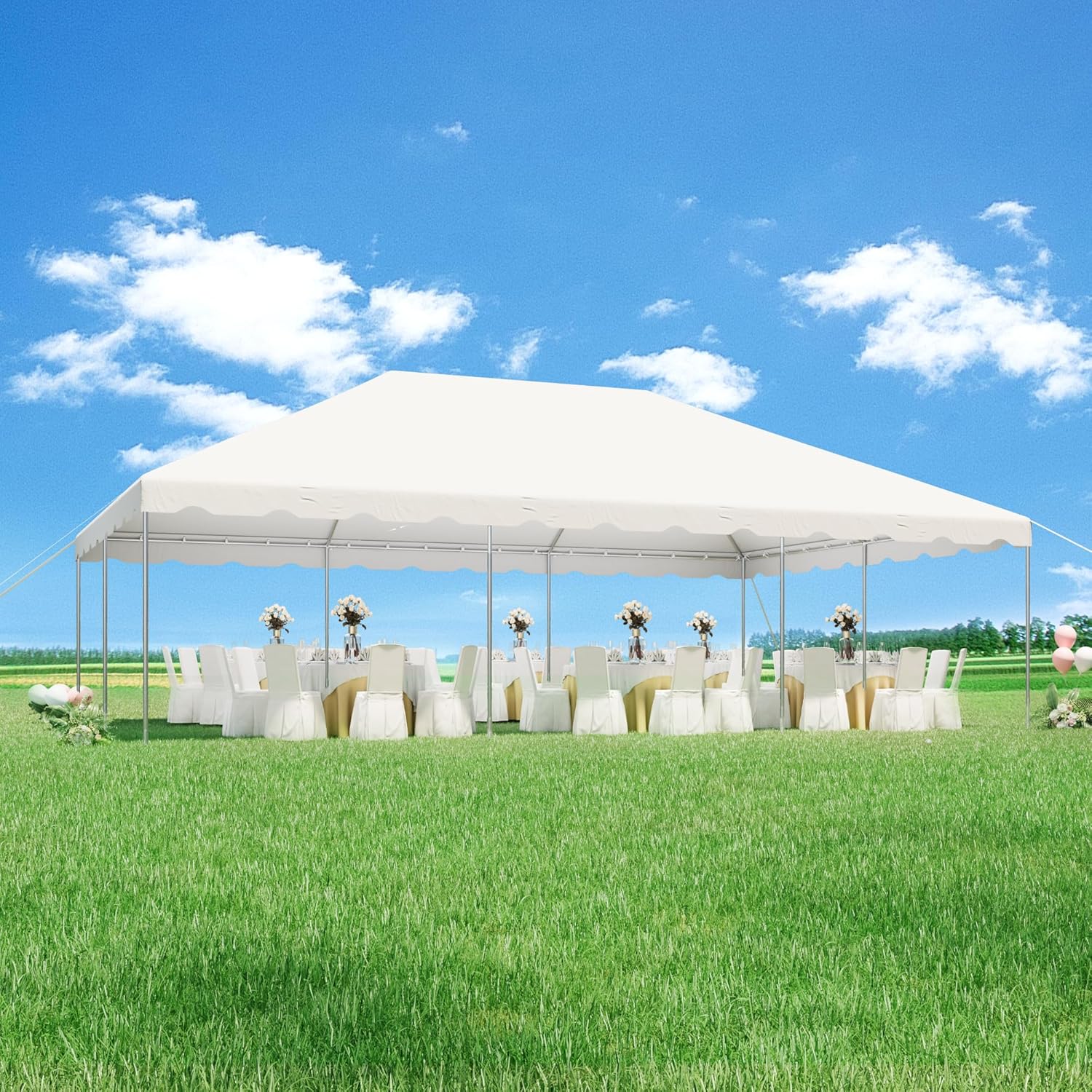 An EROMMY 20x30 FT Outdoor Party Tent set up for an event with tables and chairs, demonstrating its spacious interior and suitability for gatherings.