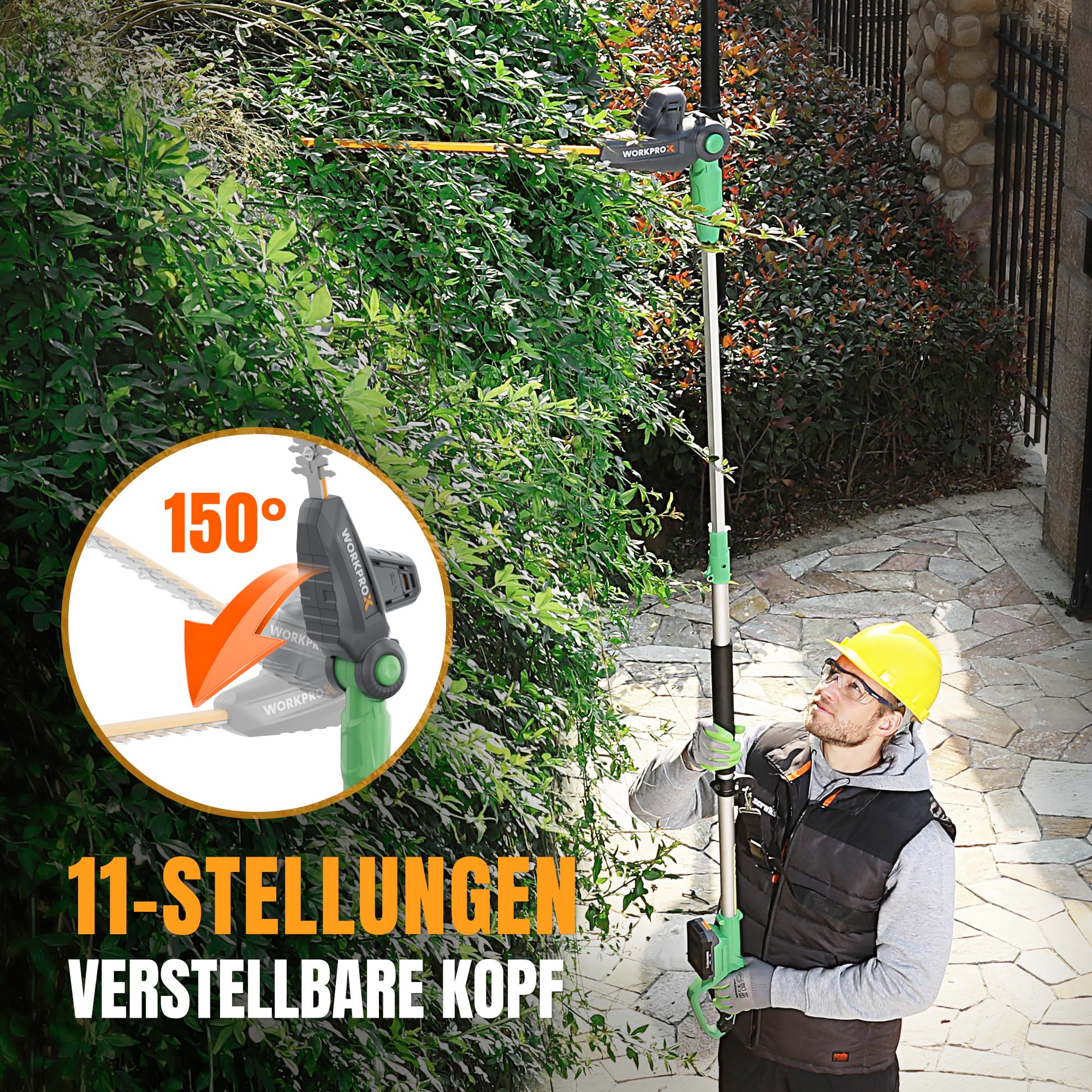 WORKPROX Akku Teleskop-Heckenschere 20V mit 2,0Ah Batteie & Typ-C Ladekabel, 2,8m Heckenschere Schnittlänge 45cm, Ø18mm, Heckentrimmer mit Teleskopstange für Garten, Hohen Hecken & Sträucher