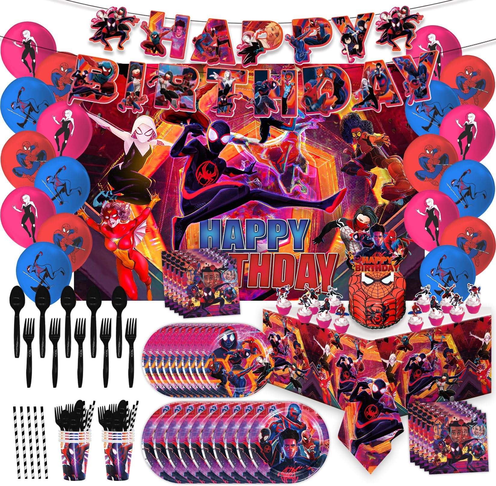Miles Morales Birthday Party Supplies, 114Pcs Spider Miles Party Decorations Include Banners, Backdrop, Plates, Tablecloth, Cup, Forks, Spoons, Cake Topper, straw (10 Guests)