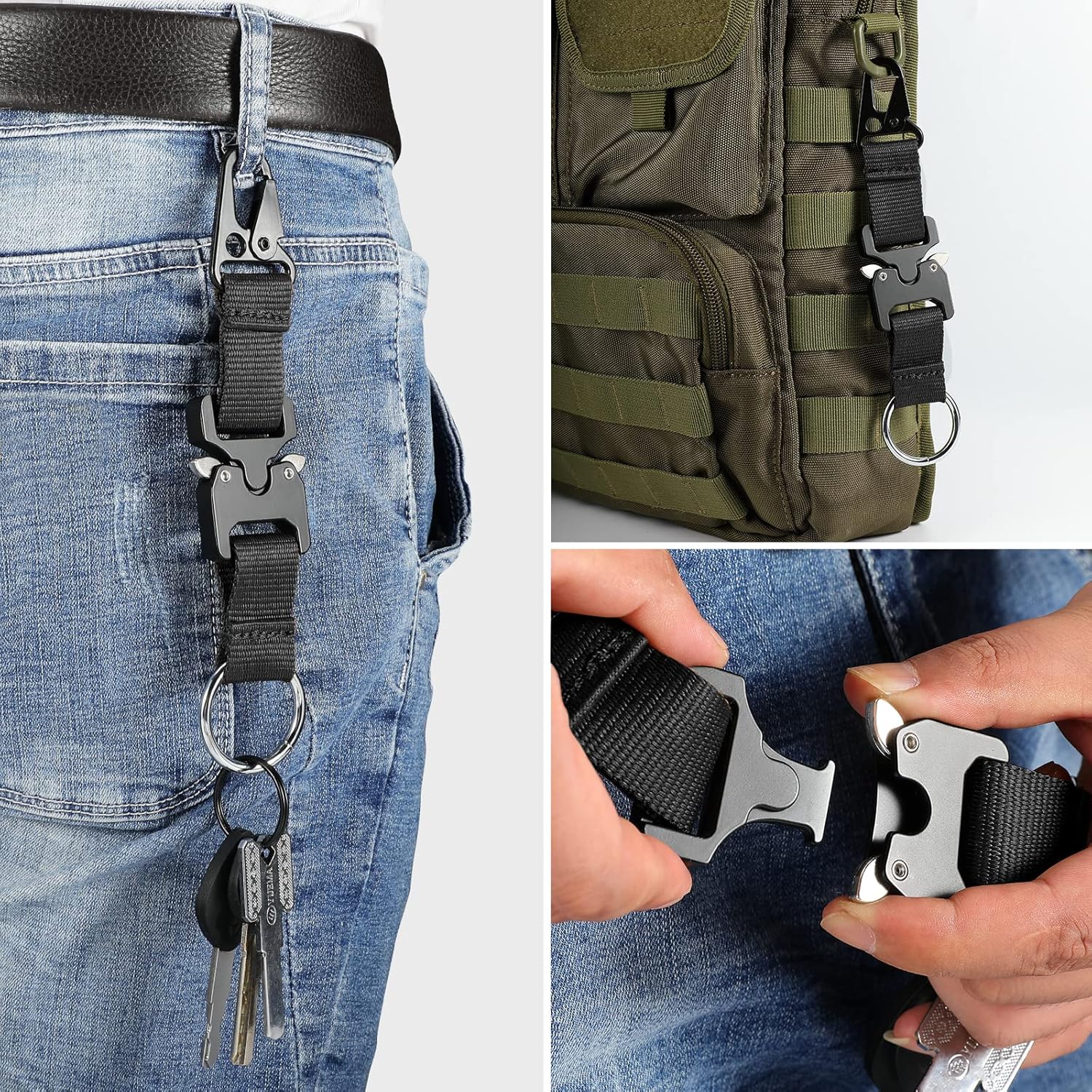 SOWHUP Tactical Keychain with Heavy Duty Quick Release Metal Buckle, EDC Gear Clips with HK Clip and Stainless Steel Ring