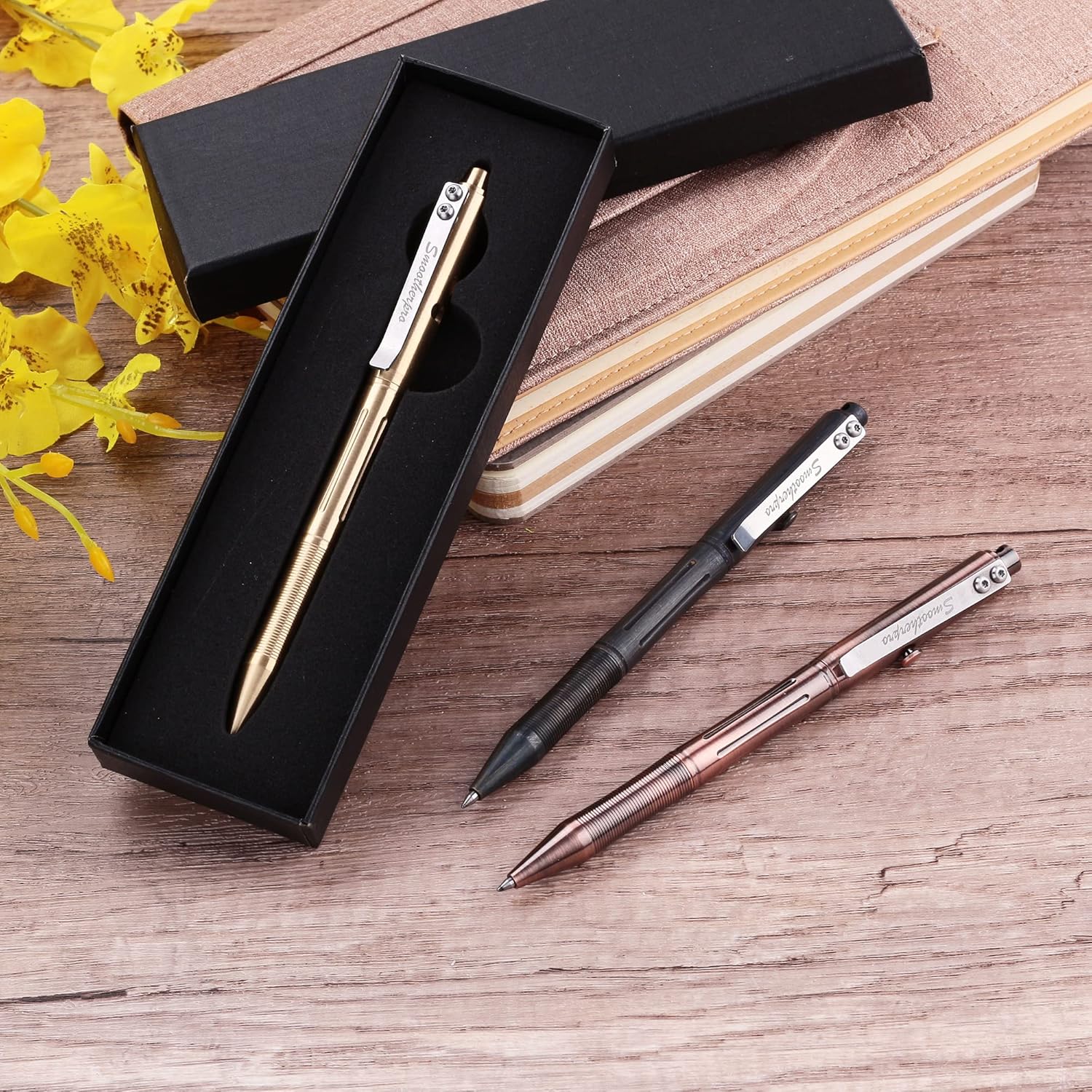 SMOOTHERPRO Bolt Action Pen, Solid Brass Ballpoint Pen Compatible with Pilot G2 Refill, Weighted Heavy Pen for Tremor Parkinson Arthritic Hand, Color Natural (RG336) thumbnail