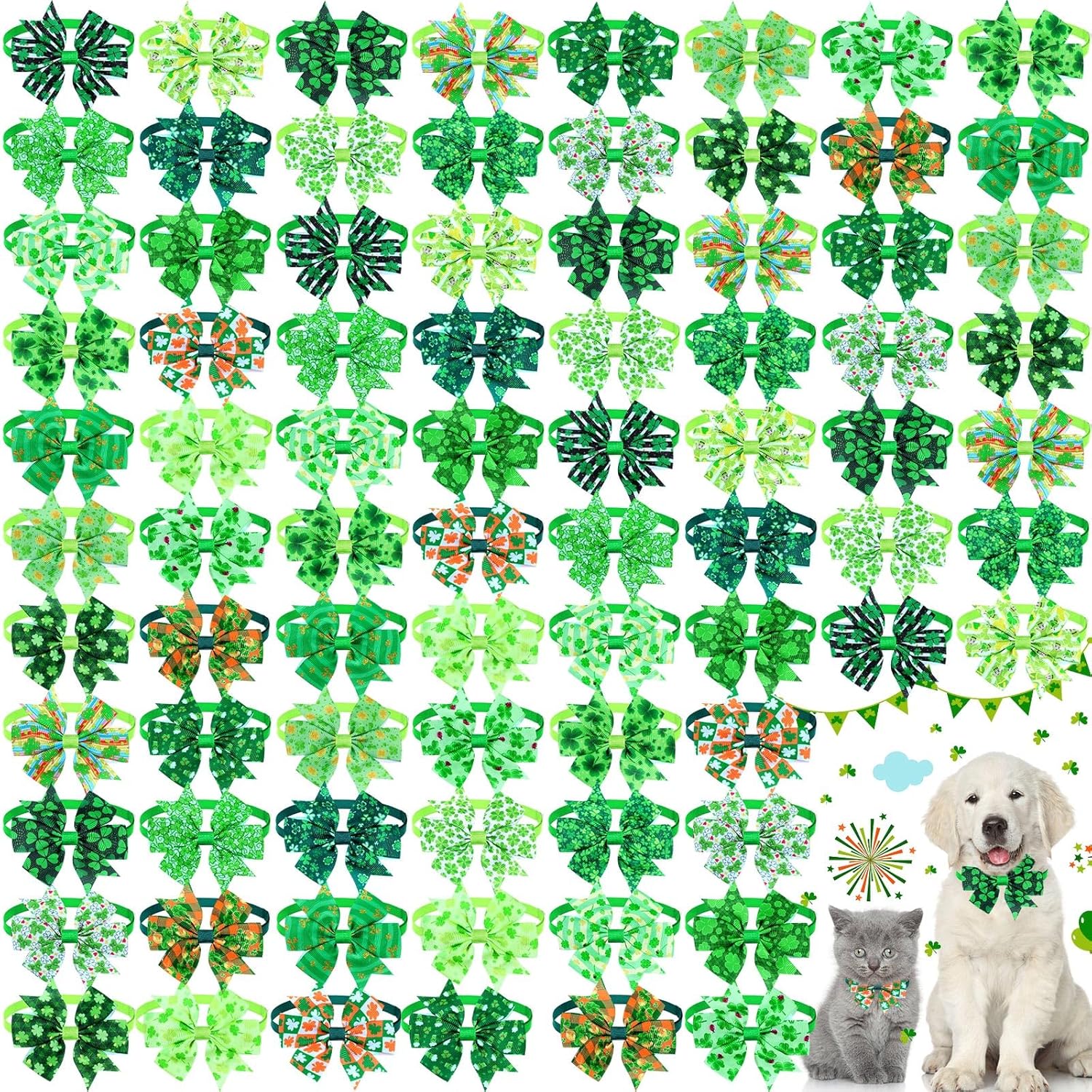 80 Pcs St. Patrick's Day Dog Collars with Bow Lucky Shamrock Puppy Collars Irish Clover PET Bowties Green Dog Collar with Bow Basic Cat Neckties for Saint Patrick's Day PET Bow Grooming Accessory