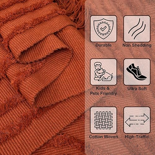 Miniatura 2 de LEEVAN Alfombra de pasillo de 2 x 6 pies, alfombra lavable de baño en terracota, alfombras de cocina de algodón tejidas con borlas, alfombra de