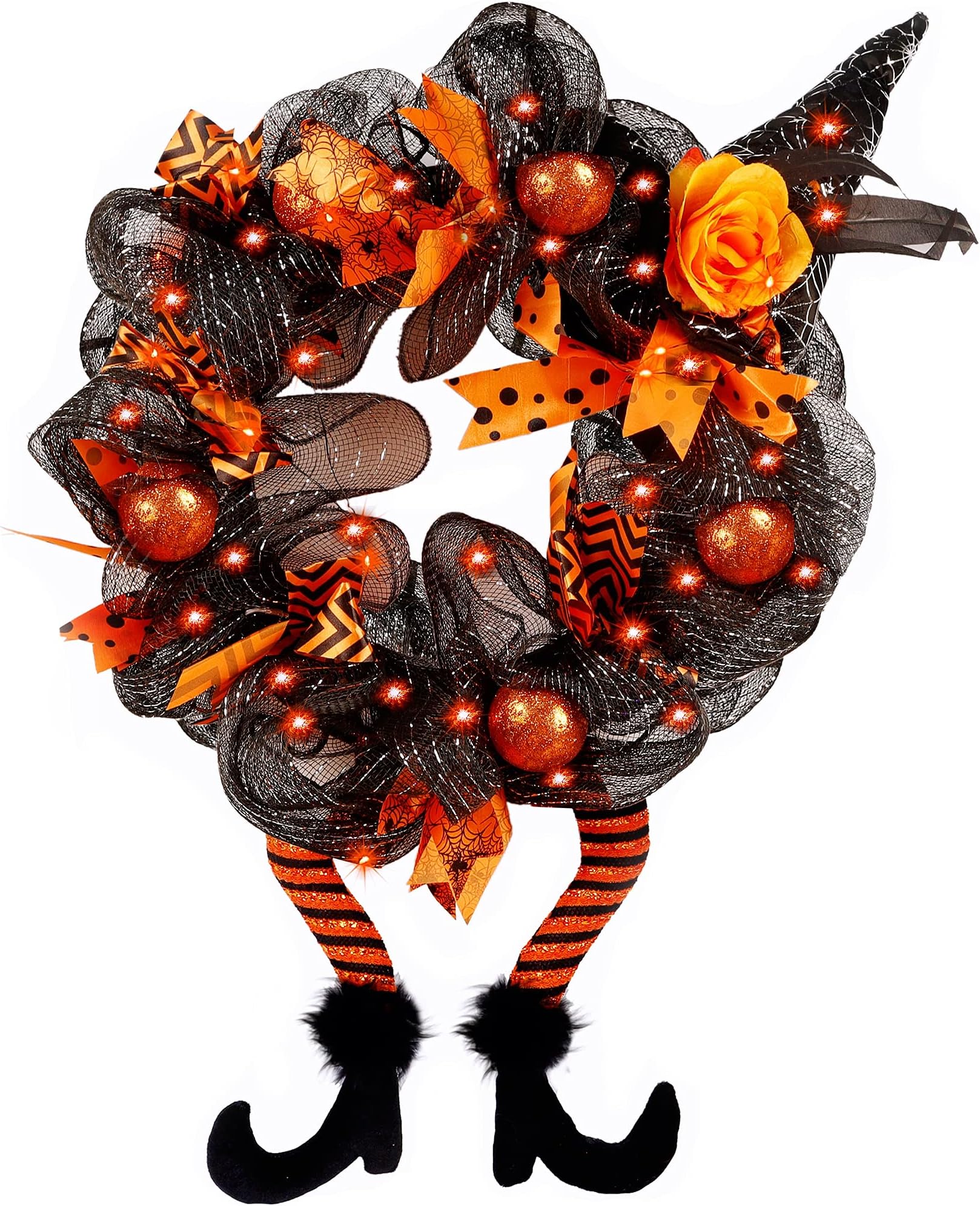 yosagerHalloween Wreaths, Halloween Decorations Witch Hat and Legs Wreath, Lighted with 30 LED Orange Lights, Front Door Wall Light up Wreath Ornaments Holiday Party Thanksgiving Decor