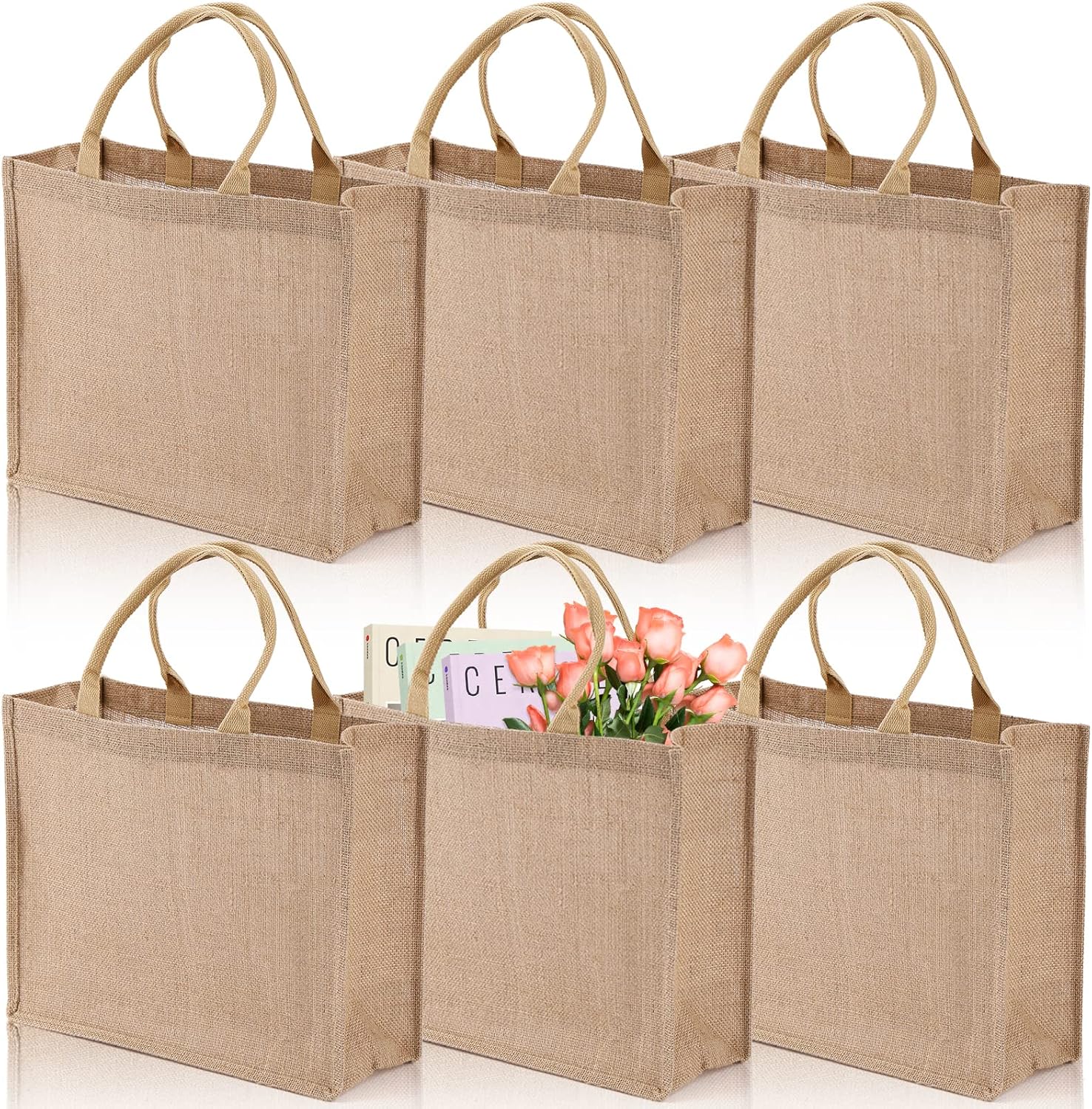 DEAYOU 6 Pack Large Jute Burlap Tote Bag, Jute Beach Bag with Laminated Interior, Burlap Gift Tote with Handle, Reusable Lined Market Grocery Shopping Bag for DIY, Wedding,15.4''x12.2''x5.9''