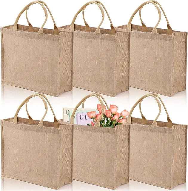 DEAYOU 6 Pack Large Jute Tote Bags with Laminated Interior, Reusable Burlap Gift Totes