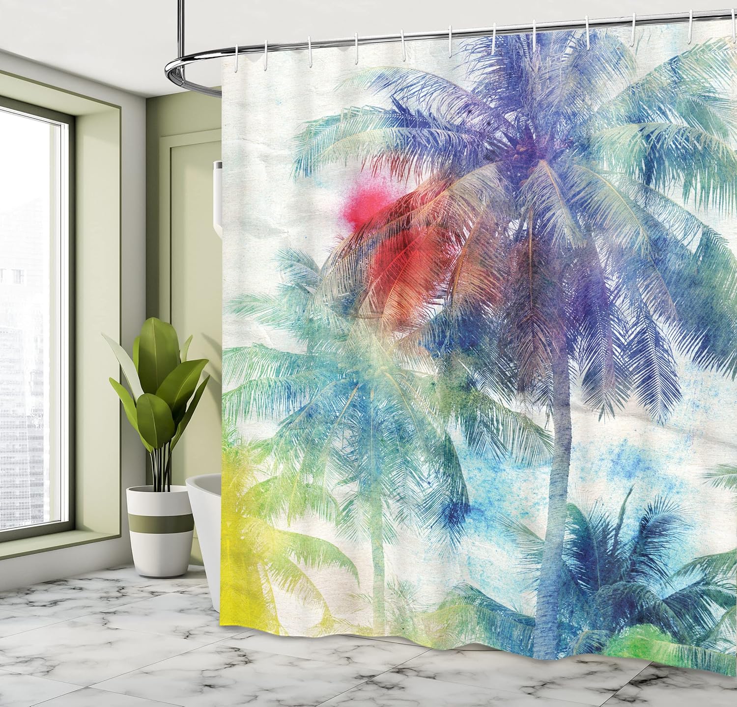 Ambesonne Palm Tree Decor Shower Curtain, Retro Watercolor Silhouettes of Palm Trees Stains on Picture Tropical Paradise Theme, Fabric Bathroom Decor Set with Hooks, 75 Inches Long,