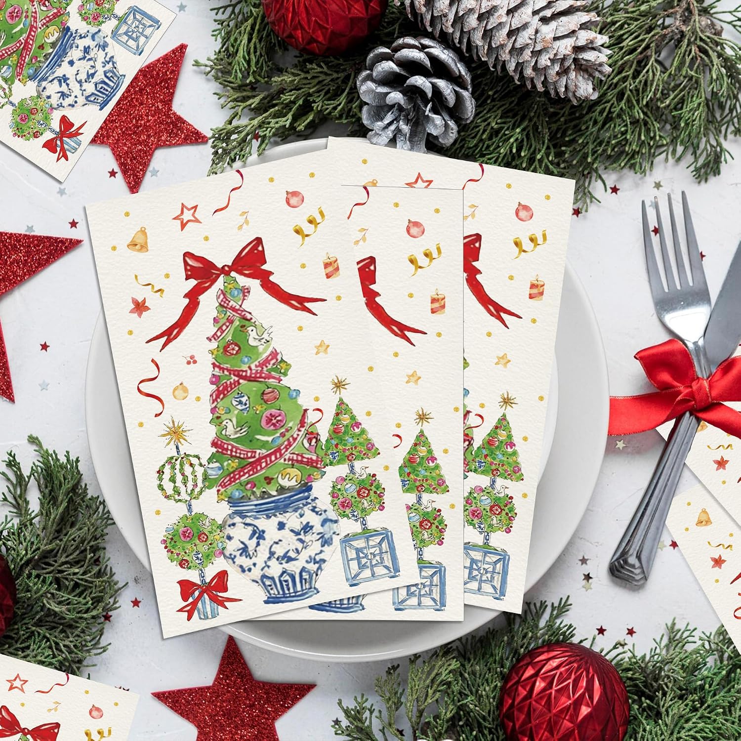40Pcs Christmas Guests Napkins Disposable Hand Towels, Christmas Tree Decorative Disposable Guests Napkins with Topiary Trees Design, Paper Guest Towels for Holiday Party Decorations, Daily Use image 5