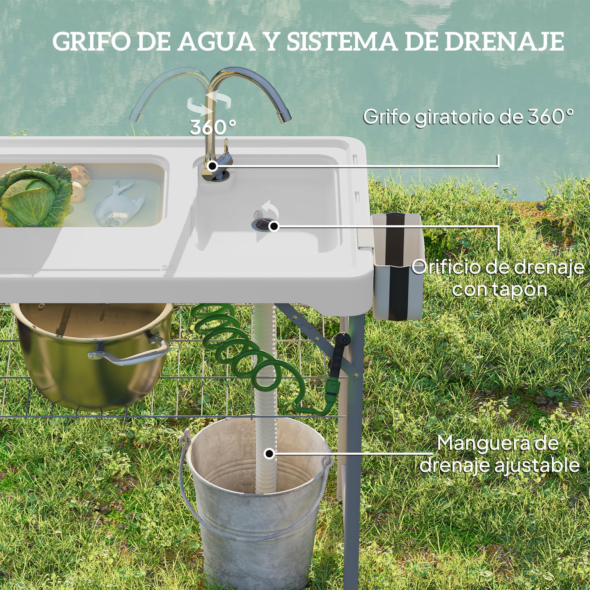 Outsunny Mesa para Limpiar Pescado Portátil Mesa Plegable para Camping con 2 Fregaderos Manguera de Drenaje Estación de Limpieza y Grifo para Pesca Barbacoa 108x58x92 cm Blanco