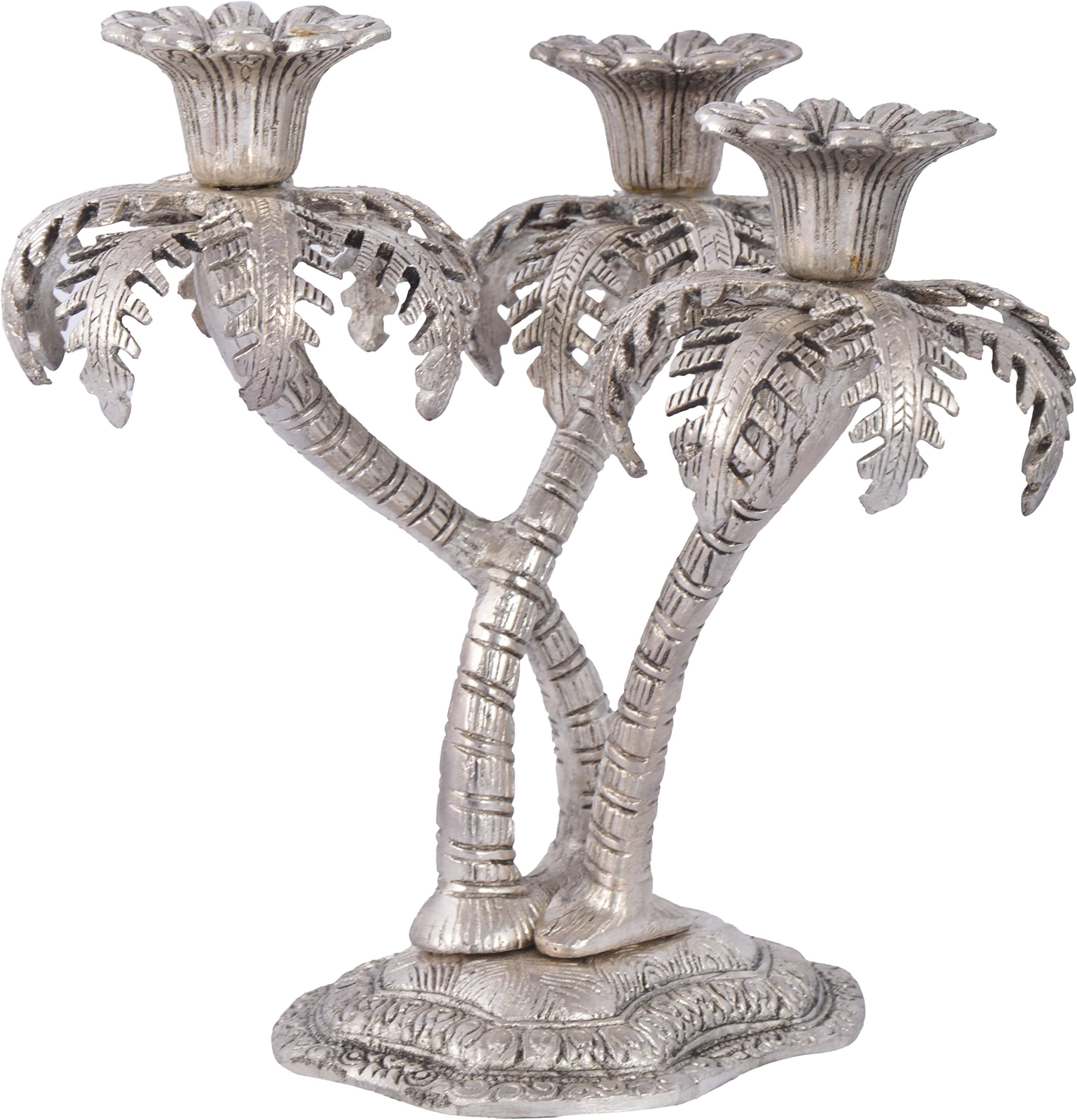 Rajkruti Metal Coconut Tree Candle Stand (16 cm x 17 cm x 18 cm, Silver)