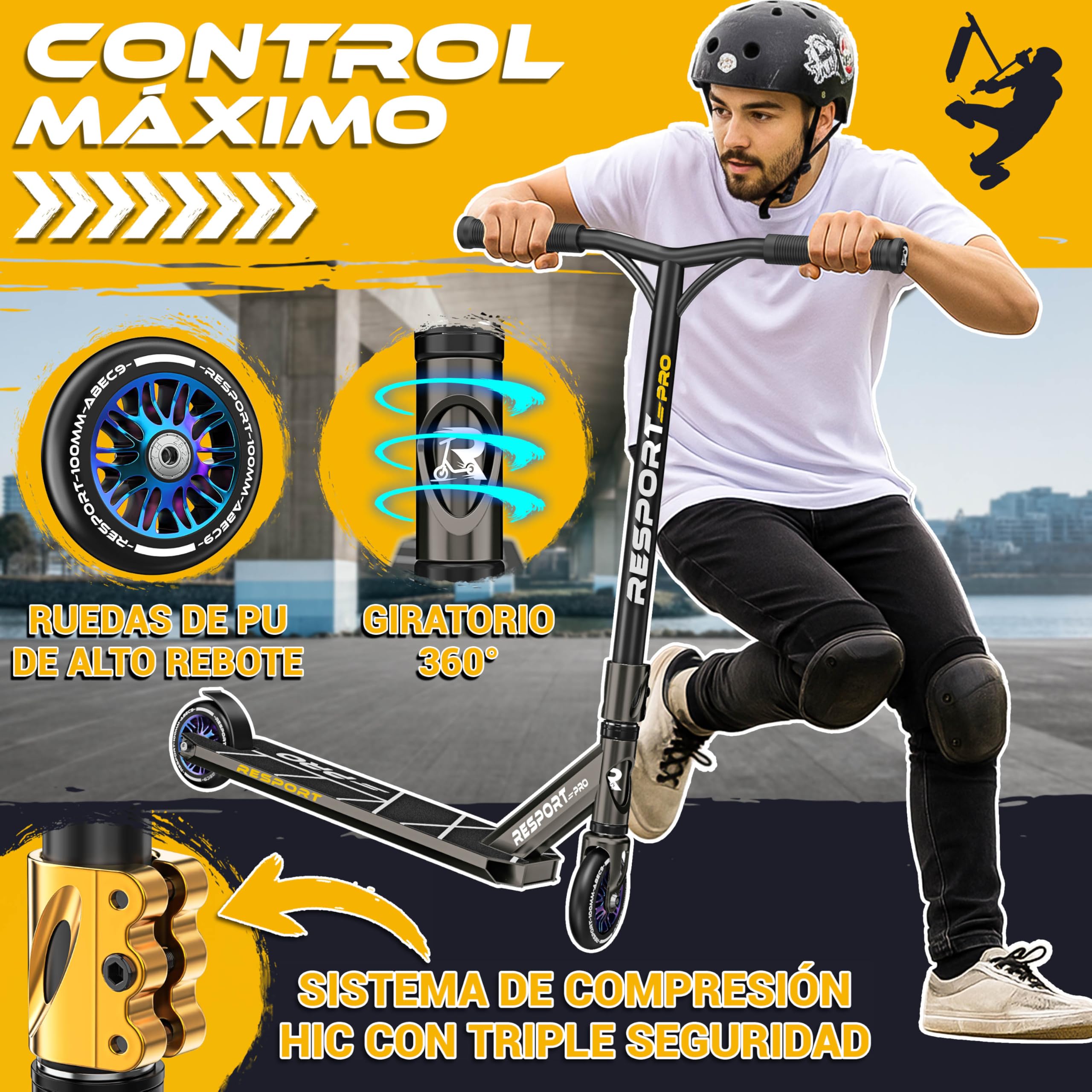 RE:SPORT Patinete de acrobacias Revo Pro para niños y adultos con soporte, patinete profesional de 110 mm, ruedas de poliuretano y barra en Y, patinete de acrobacias, patinete ABEC 9, rodamientos de