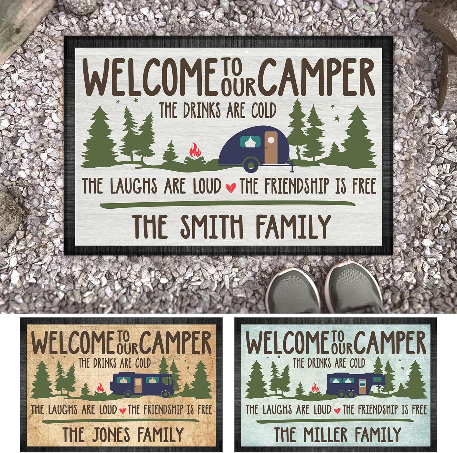 Personalized Welcome to Our Camper Doormat - Custom Family Name The Drinks are Could The Laughs are Loud The Friendship is Free RV Camping Door Mat, Funny Campsite Travel Trailer Decoration Gift Rugs