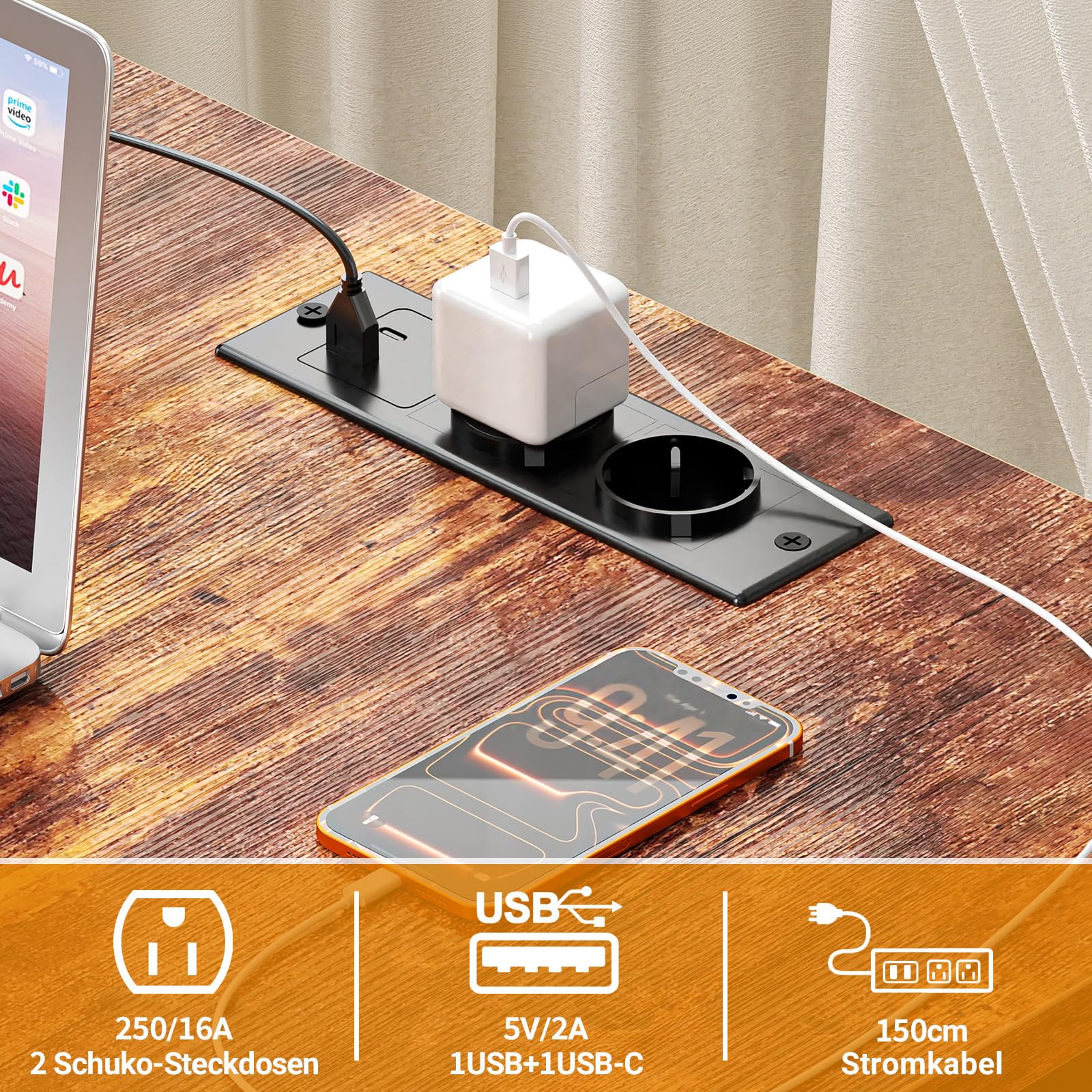 Homieasy Gaming Schreibtisch Eckschreibtisch L Form Reversibel LED | Metallrahmen Mit Holzplatten, Monitorständer Und Regal, Steckdosen, USB-A Und USB-C