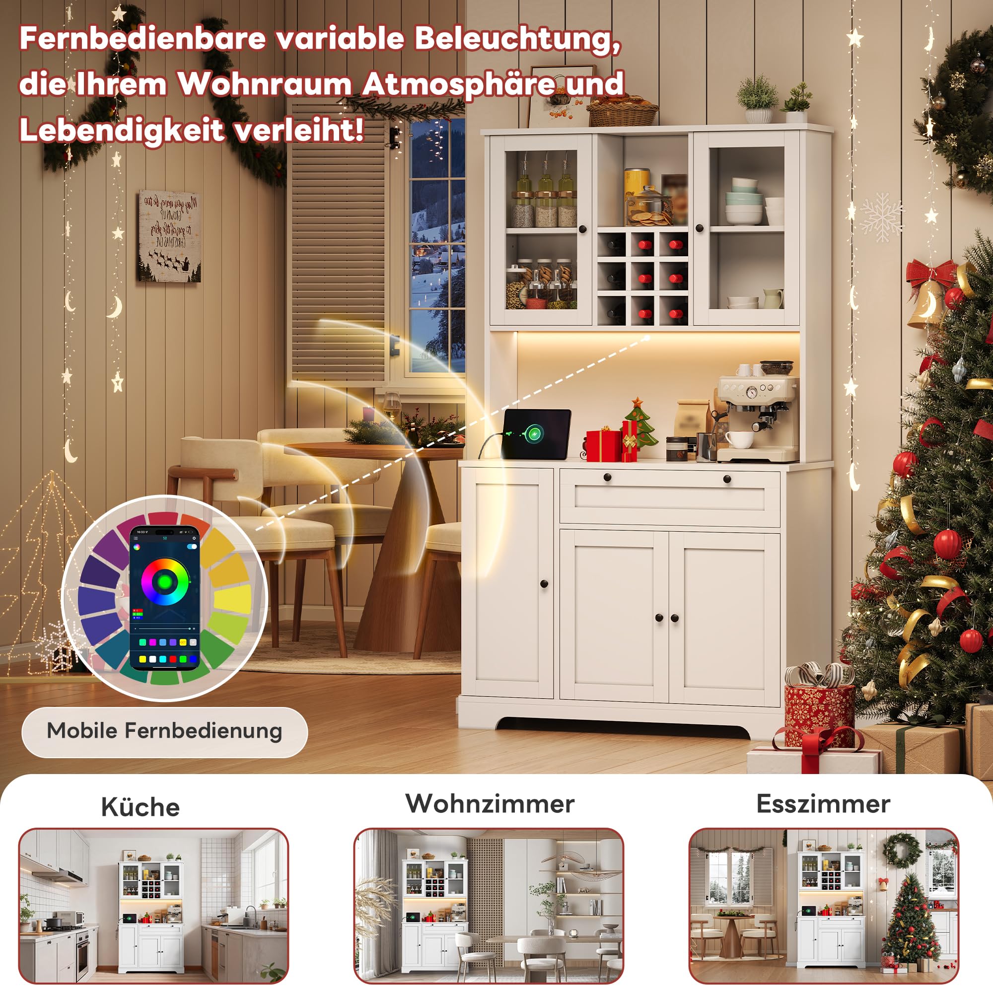 Merax Küchenschrank, Buffetschrank mit LED und Steckdosen, Küchenmöbel mit Schublade, Weinregal und Verstellbaren Ablagen, Sideboard, Küchenbuffet für Küche, Esszimmer, 105x40x180cm (Weiß)