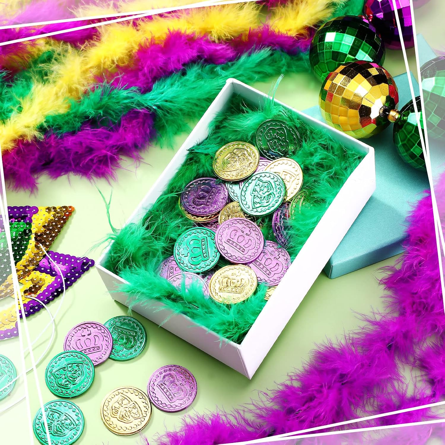 24 Pcs Mardi Gras Feather Boa 6.6 ft Long Yellow Purple Green Boa Scarf Assorted Feather Scarf for Women Kids Adults Dancing Wedding Crafting Party Dress Costume DIY Craft Home Decoration