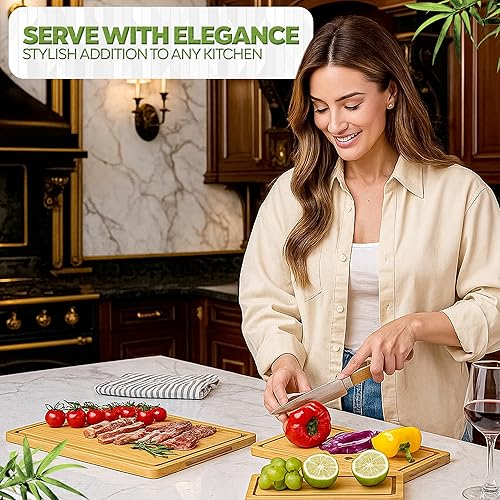 Miniatura 5 de Juego de 3 tablas de cortar de bambú, pequeñas, medianas y grandes, duraderas, no tóxicas, para cocina, con ranuras profundas para jugos,