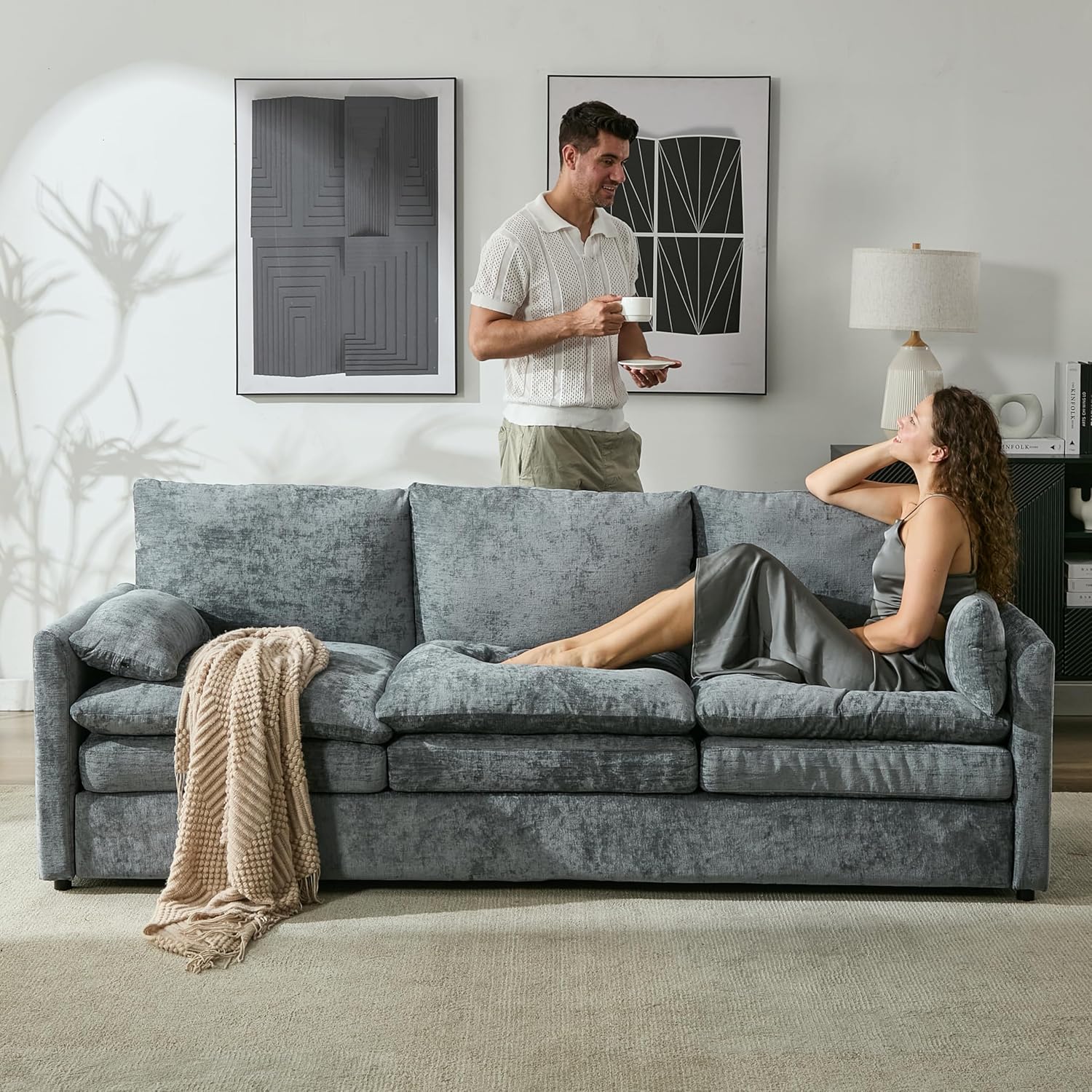 Iroomy Cloud Couch, 83.5" W Modern Sofa Spring Seat Cushions, Ultra Soft Upholstered Comfy 3-Seater w/Arm Pillows, Removable Chenille Covers, Living Room Furniture, Home Apartment Office, Gray | Ultra Soft Cushions, Dual-layered Cushion, Pocket Spring, Cloud Comfort, Premium Chenille