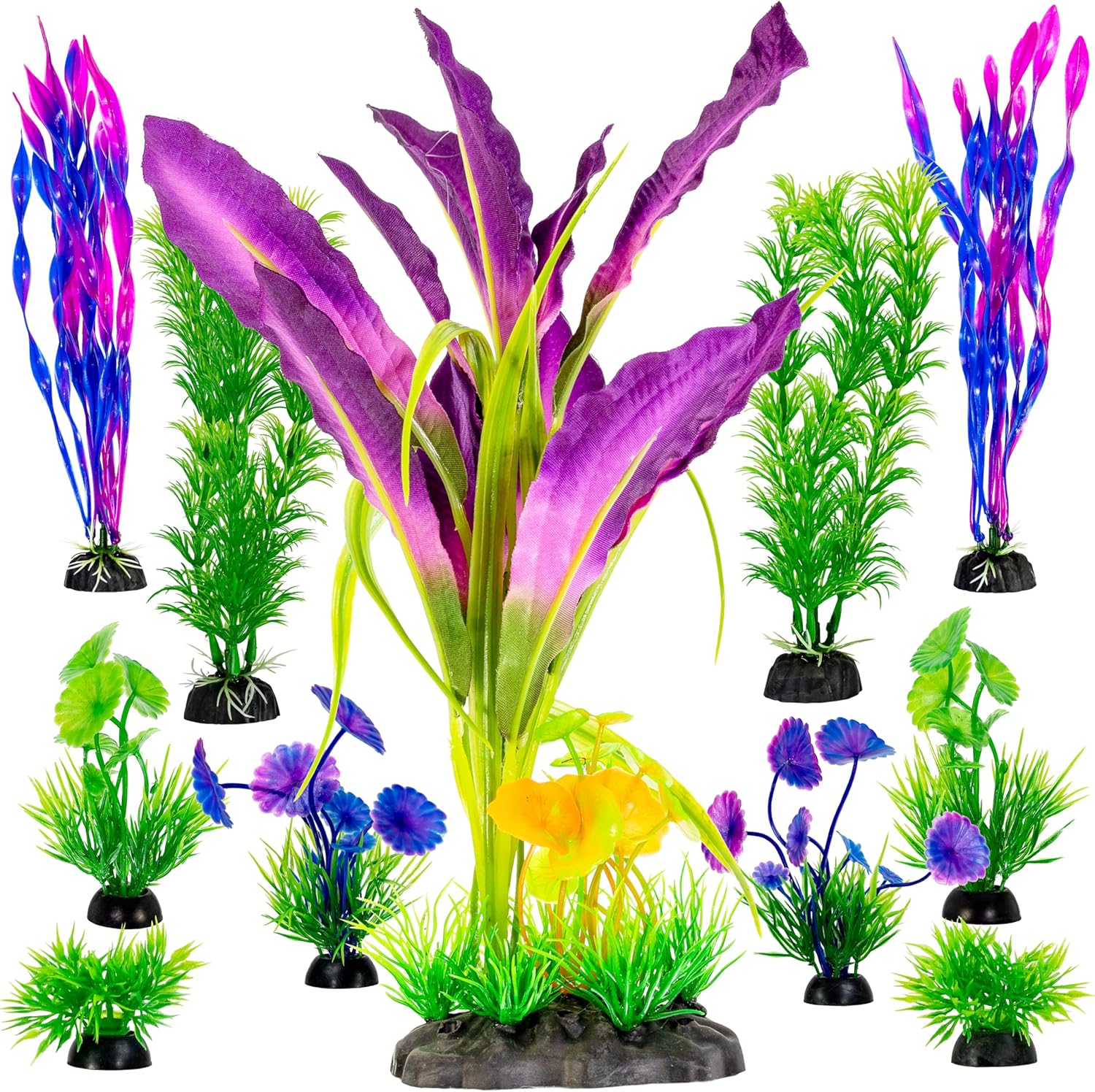 UNEAK – Fish Tank Decorations Aquarium Plants Plastic Artificial Plant Set Medium/Large Flower Ornament Beta Goldfish Decoration Ornaments Freshwater & Saltwater Décor Tree 11 Pieces