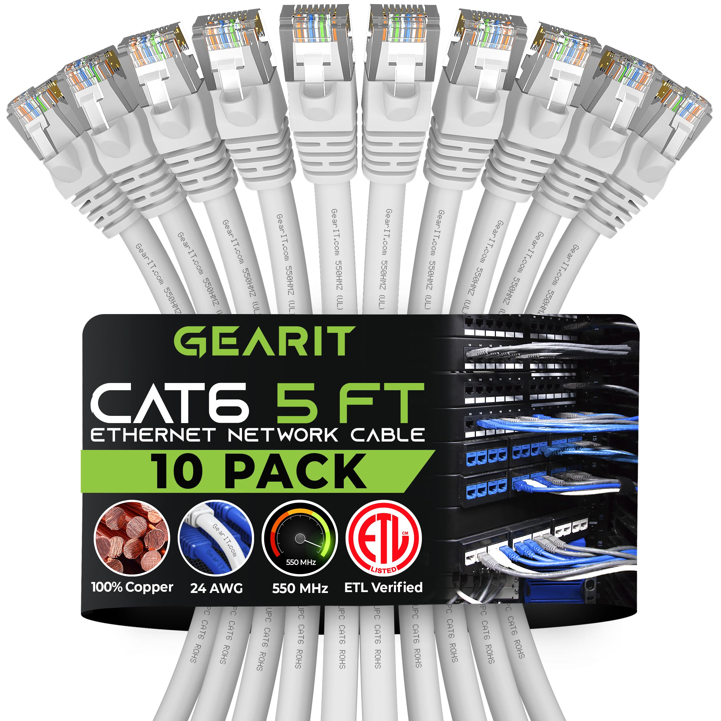 GearIT10 Pack, Cat 6 Ethernet Cable Cat6 Snagless Patch 5 Feet - Computer LAN Network Cord, White - Compatible with 10 Port Switch POE 10port Gigabit