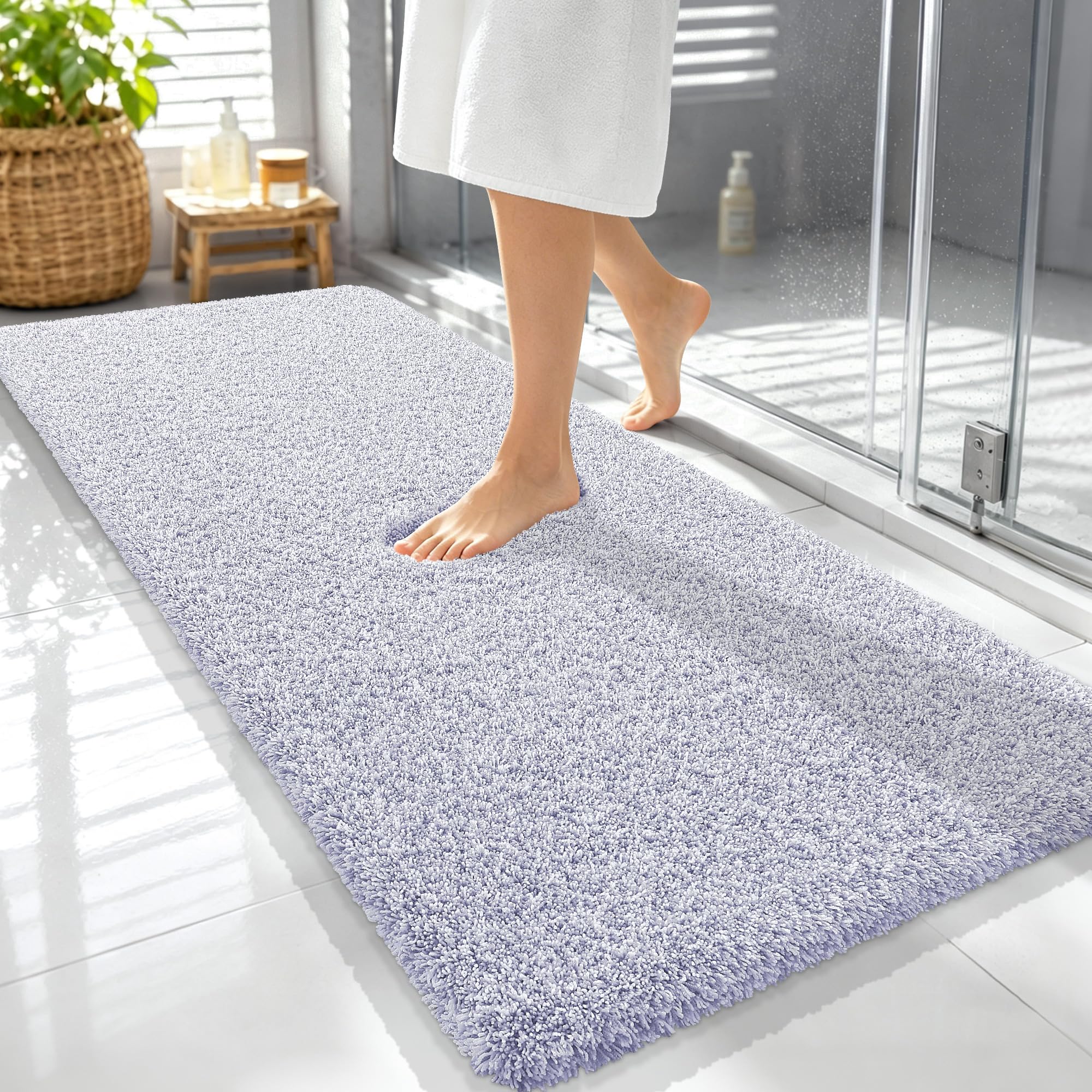 OLANLY Microfiber Bathroom Rugs 59x24, Quick Dry Mat, Lavender and White