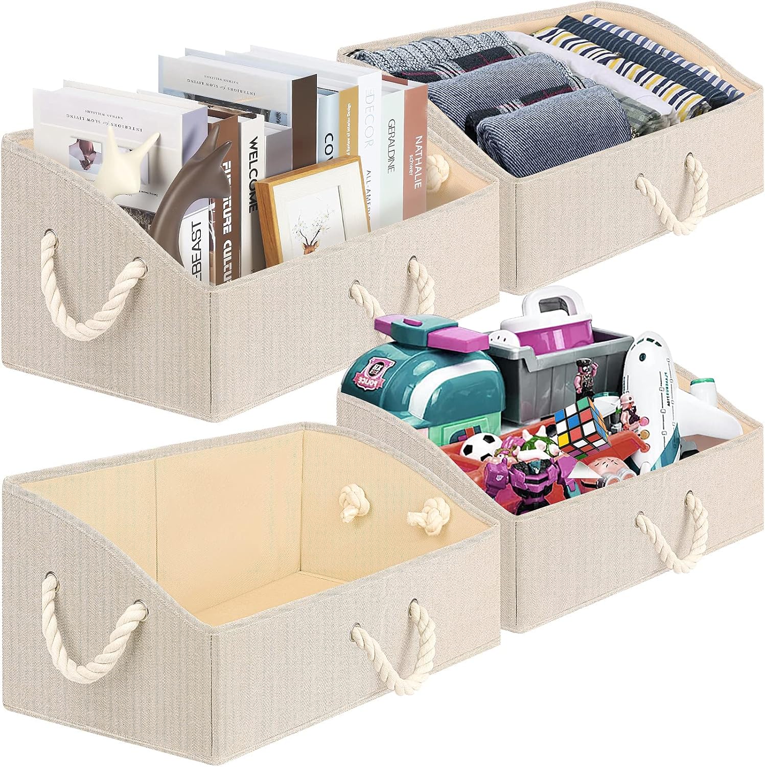 TomCare 4-Pack Storage Baskets Foldable Trapezoid Storage Box Fabric Cube Storage Box Storage Cubes with Rope Handles Cube Organizer Storage Containers for Living Room Bedroom Office (Khaki)