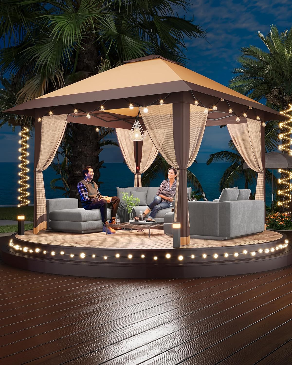 13x13 ft Pop-Up Gazebo Outdoor Pop-Up Tent with Mesh Cover Adjustable Height Awning Outdoor Gazebo Suitable for Backyard and Balcony Furniture with Carry Bag -Khaki