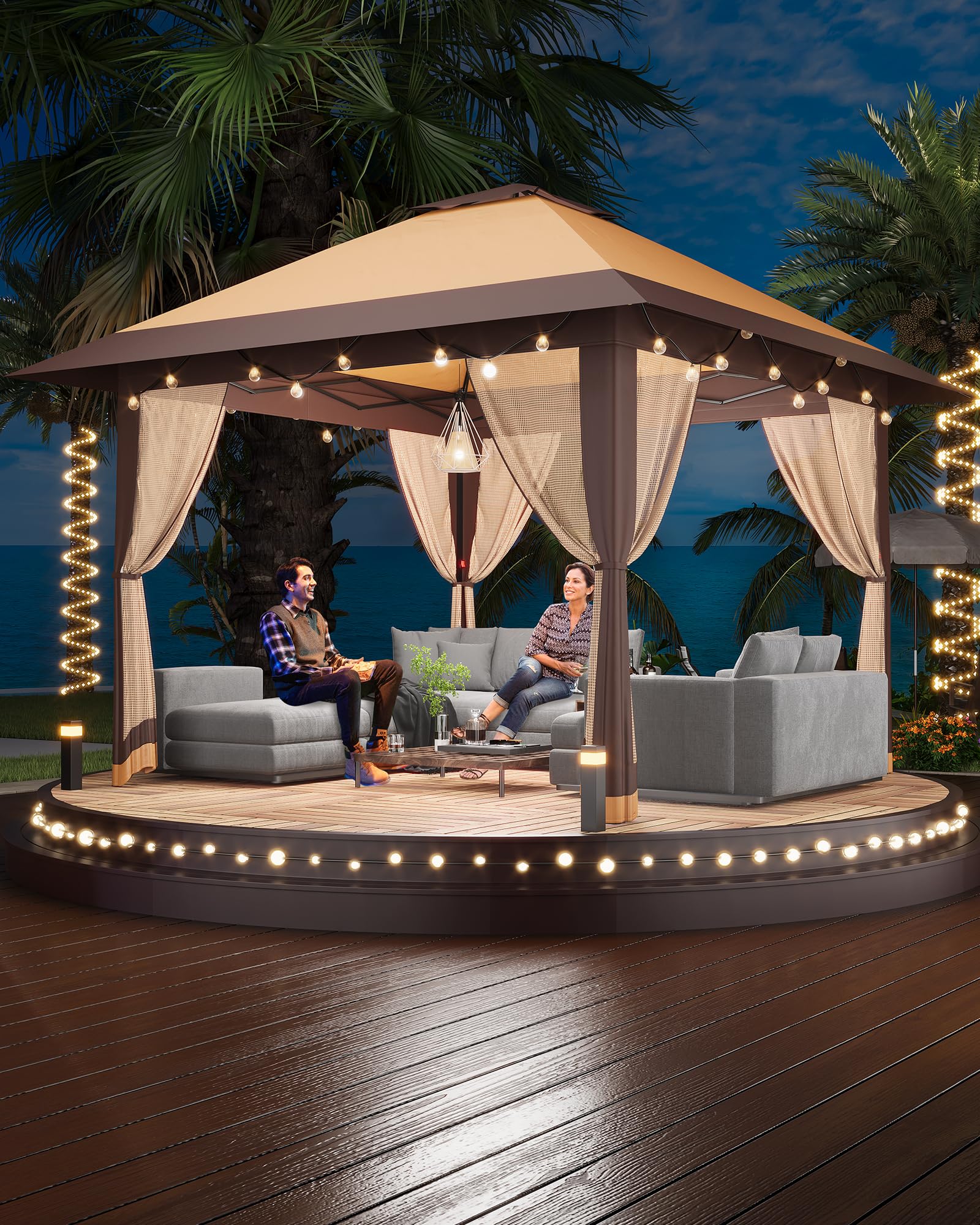13x13 ft  pop up gazebo, outdoor canopy tent with mosquito netting, [adjustable height & spacious] pop up tent with double roof, uv-resistant outdoor gazebo for backyard, patio, lawn, garden, deck(khaki)