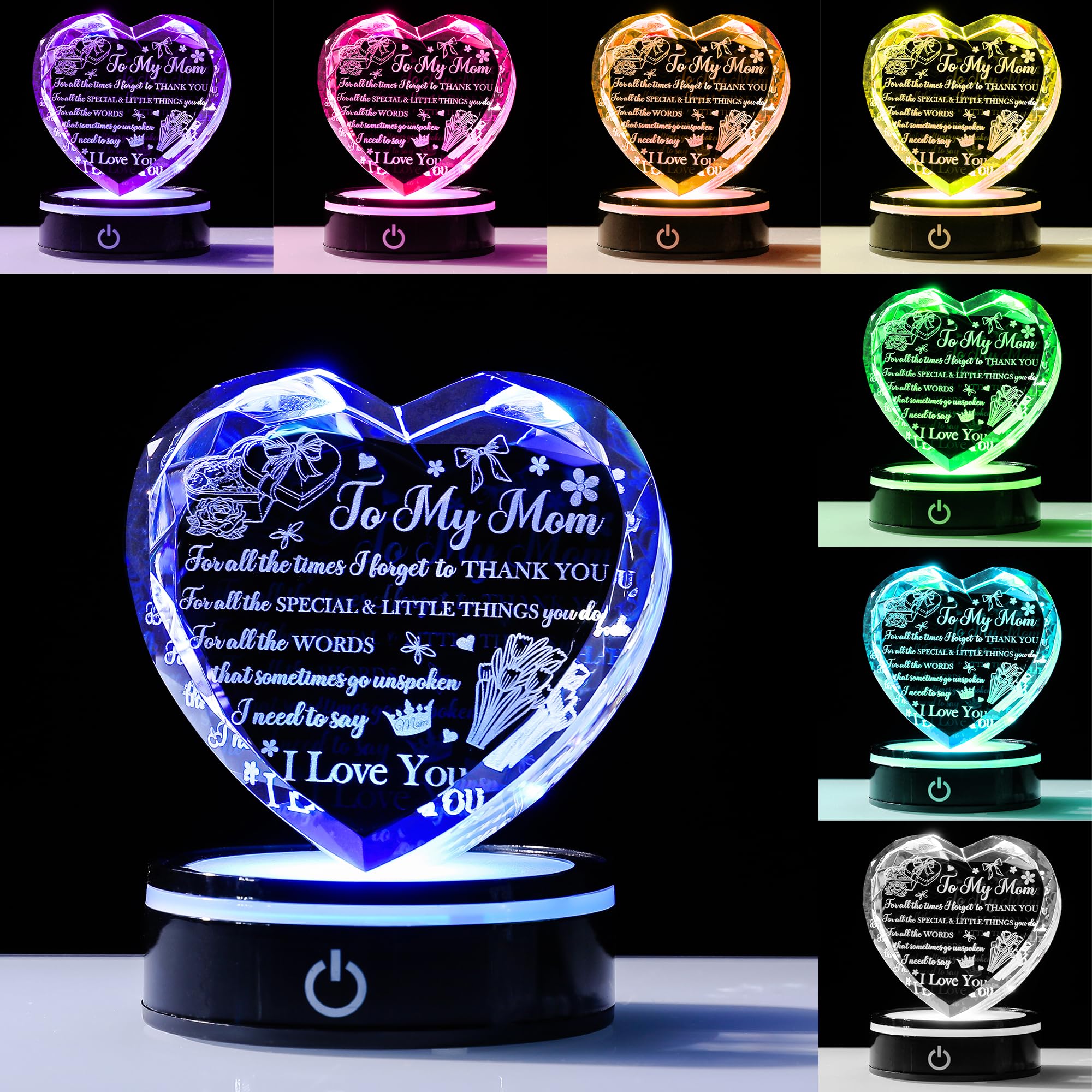Regalo de corazón de cristal con base LED, mensaje grabado con láser «A Mother's Love is Forever», regalo significativo de cumpleaños, día de la madre de parte de su hija, hijo, recuerdo de